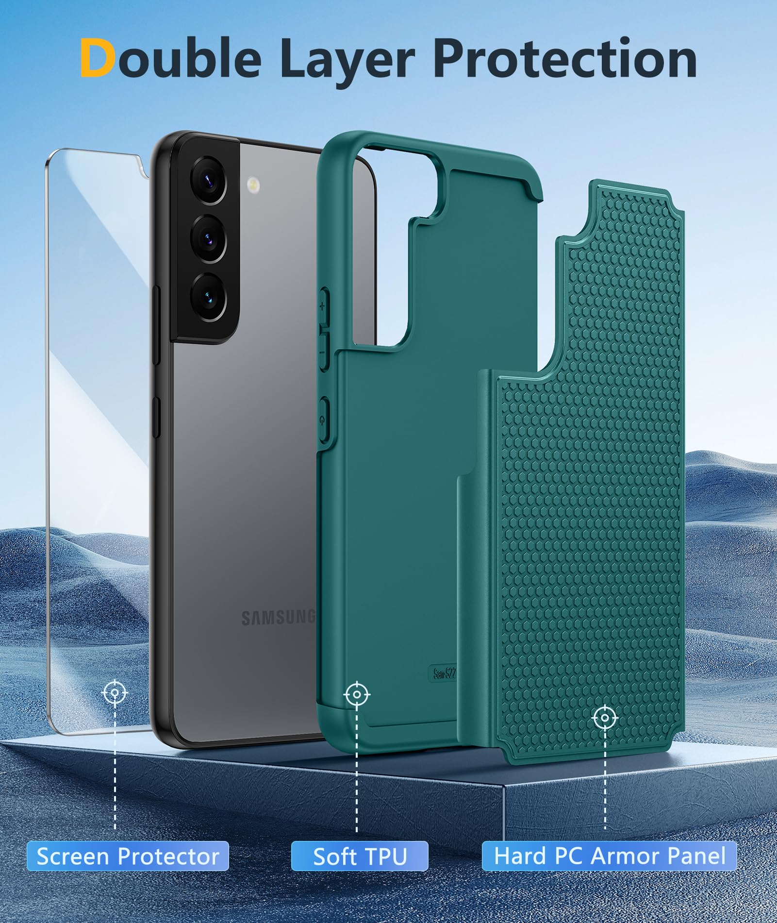 BNIUT Samsung Galaxy S22 5G Dual Layer Protective Heavy Duty Shockproof Phone Case TPU Dark Green