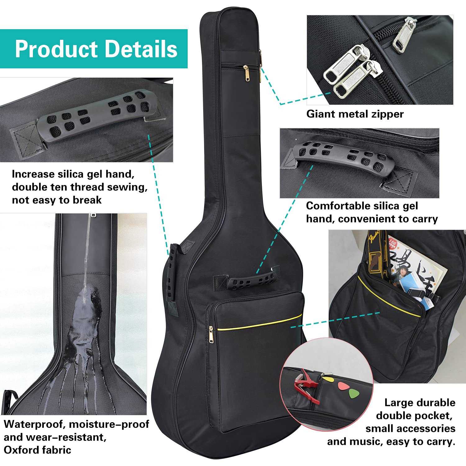 Diboer Acoustic Guitar Bag Thick Padding Waterproof Dual Adjustable Shoulder Strap Guitar Case Gig Bag Thickening Sponge Padding