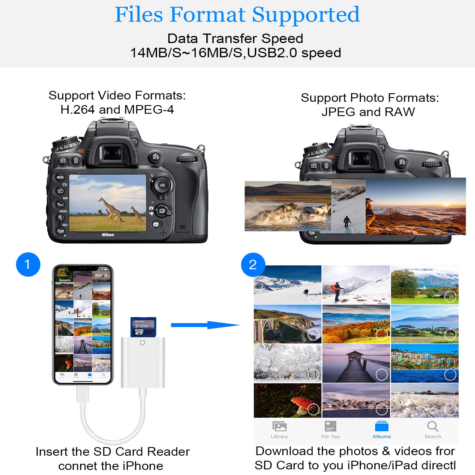 Lightning To Sd Card Camera Reader Digital Camera Sd Card Reader For Select Iphone, Ipad And Ipod Models (Support Ios 13 And Before), Trail Game Camera Viewer, No App Required (White)