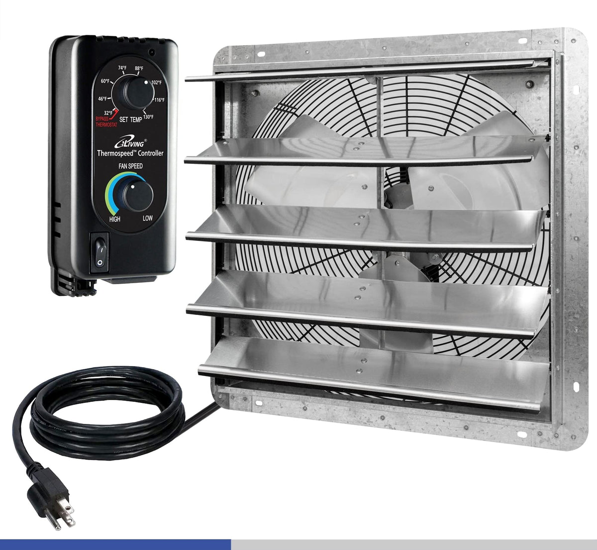 Iliving 20'' Wall Mounted Shutter Exhaust Fan, Automatic Shutter, With Thermostat And Variable Speed Controller, 2.2A, 3368 Cfm,