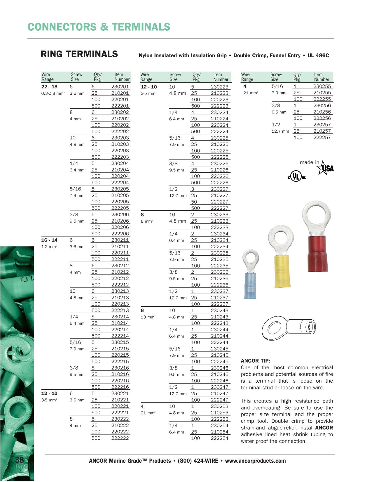 Ancor 222235 Marine Grade Electrical Nylon Insulated Double Crip Funnel Entry Ring Terminals With Insulation Grip (8-Gauge, Size,WBHDWB000NI1H7O