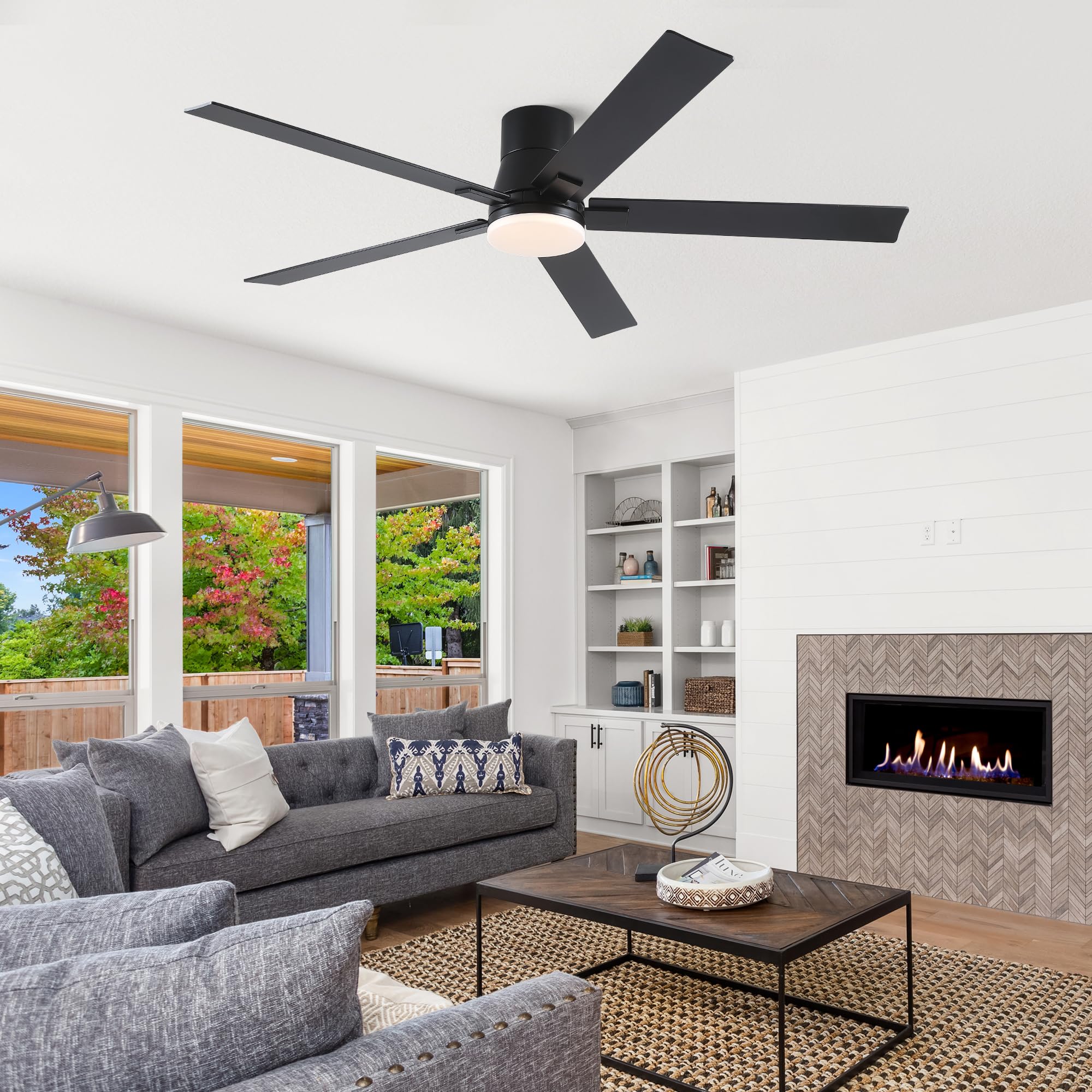 60 Inch Ceiling Fans With Lights And Remote,Flush Mount Black Ceiling Fan With 5 Blades,6 Speed Reversible Dc Motor,3Cct Dimmabl