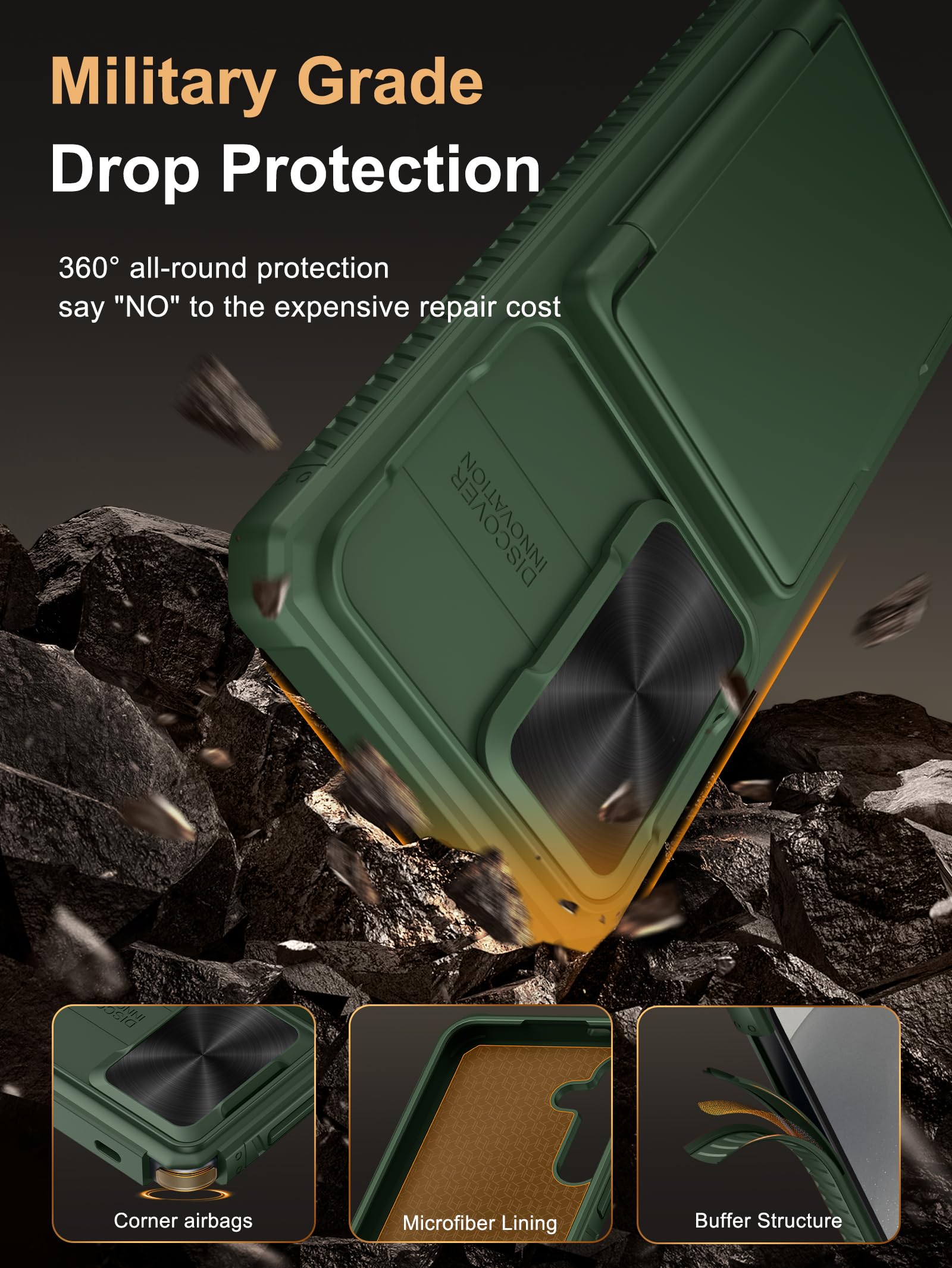 Vihibii For Samsung Galaxy S24 Fe Case With Card Holder (4 Cards) & Slide Lens Cover & Kickstand & Raised Edges Protect Screen,