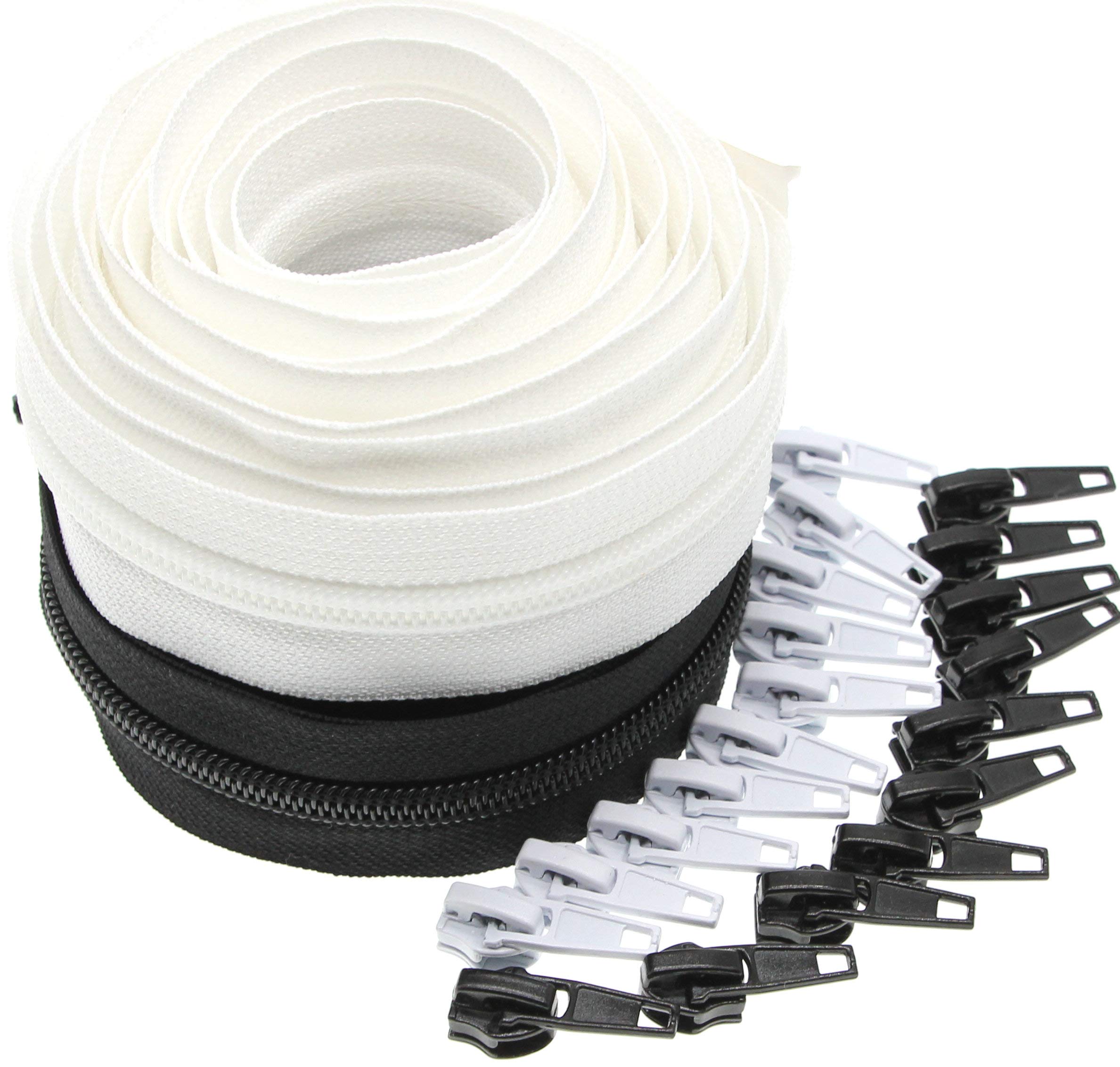Leekayer 5 Nylon Coil Sewing Zippers By The Yard Bulk 10 Yards White And Black Colors With 20Pcs Matched Sliders For Diy Tailor