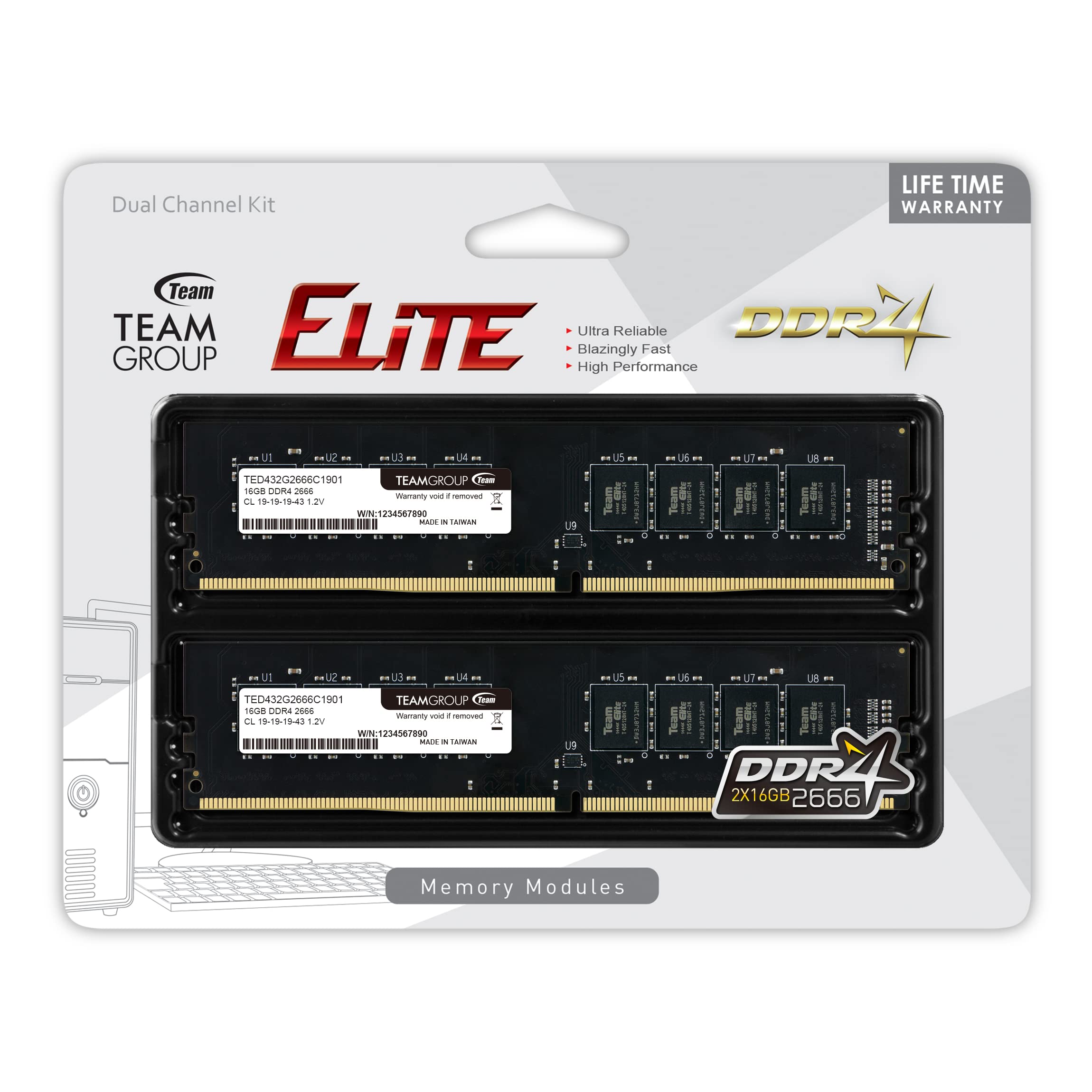 Teamgroup Elite Ddr4 32Gb Kit (2 X 16Gb) 2666Mhz (Pc4 21300) Cl19 Udimm 288 Pin Desktop Memory   Ted432G2666C19Dc01