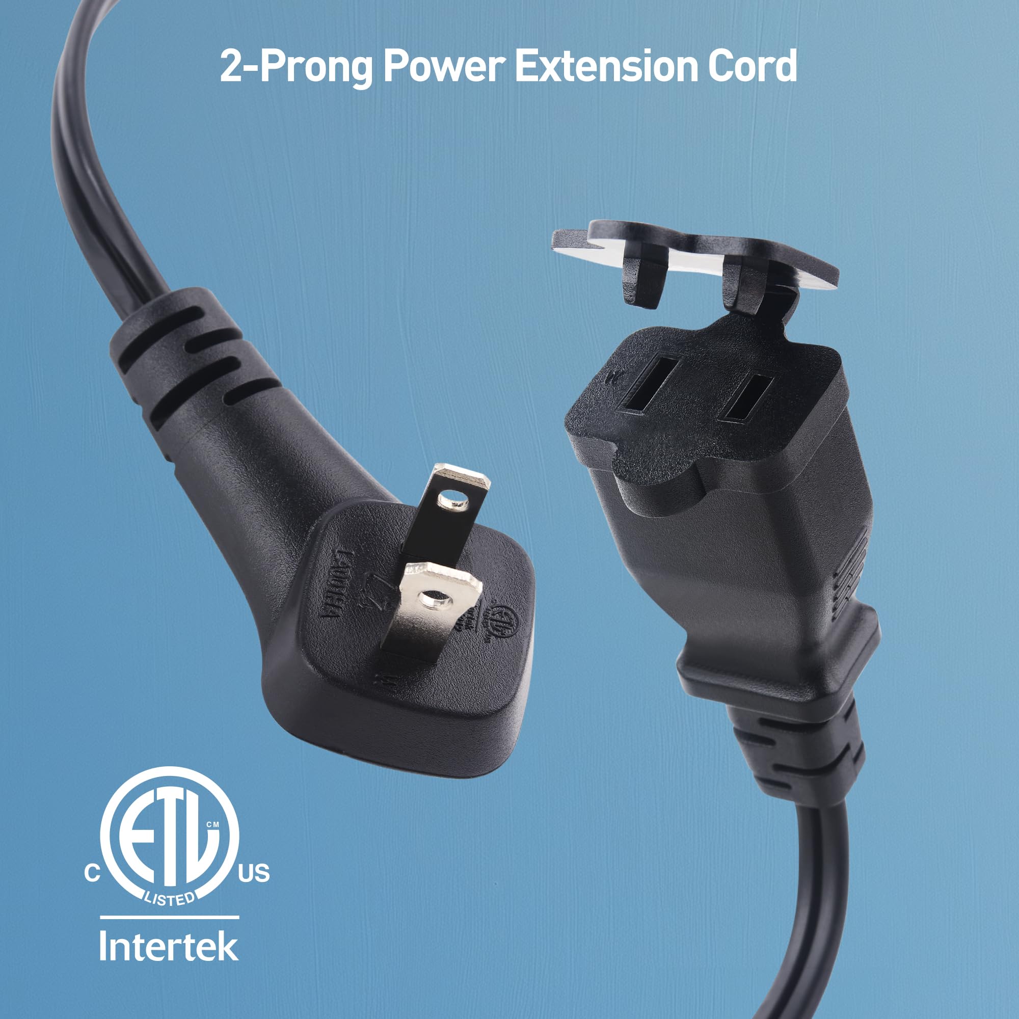 [Etl Listed] Cable Matters 2 Pack 13A, 2 Prong Long Extension Cord 10Ft In Black With Flat, Low Profile Plug, 16 Awg, 1625W, Ext