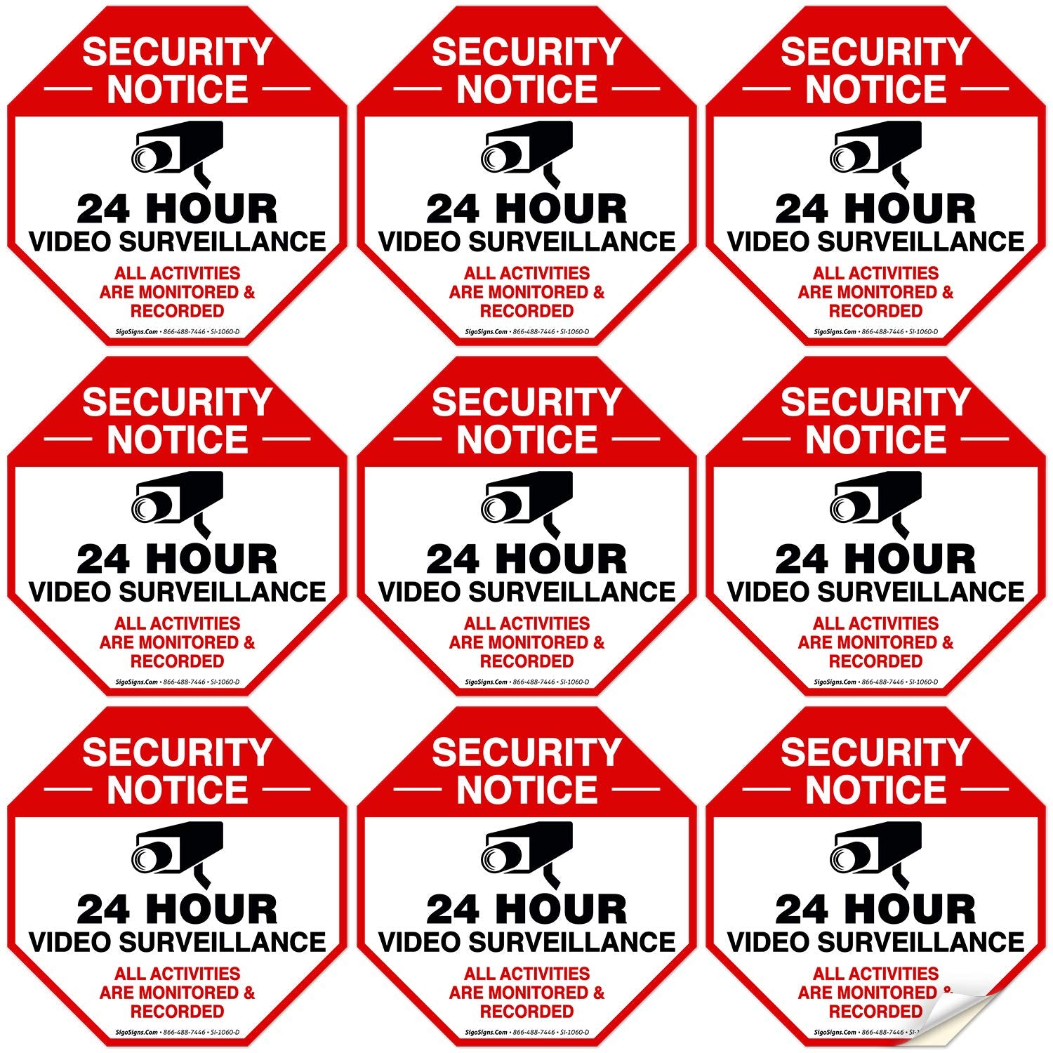 Video Surveillance Sticker, (9 Pack) 3X3 Inches, 4 Mil Vinyl Decal Stickers Uv Protected, Long Lasting, Fade Resistant, Indoor/O