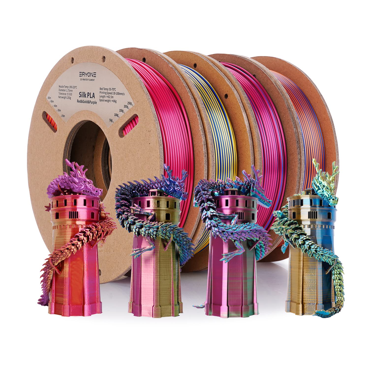 ERYONE Silk Tricolor Coextrusion PLA Filament,3D Printer 1.75mm,+/-0.03mm, Triple Color Filament 0.25kg/spools,4Pack(2.2lbs), re