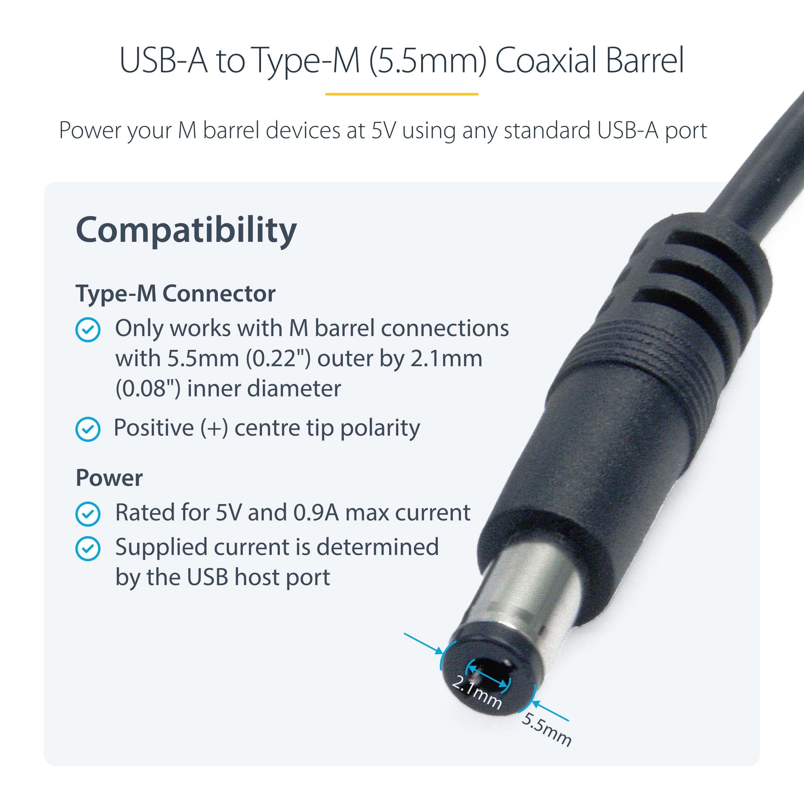 Startech.Com 2M Usb To Type M Barrel Cable   Usb To 5.5Mm 5V Dc Cable   Usb To Barrel Jack 5V Dc Plug (Usb2Typem2M) Black