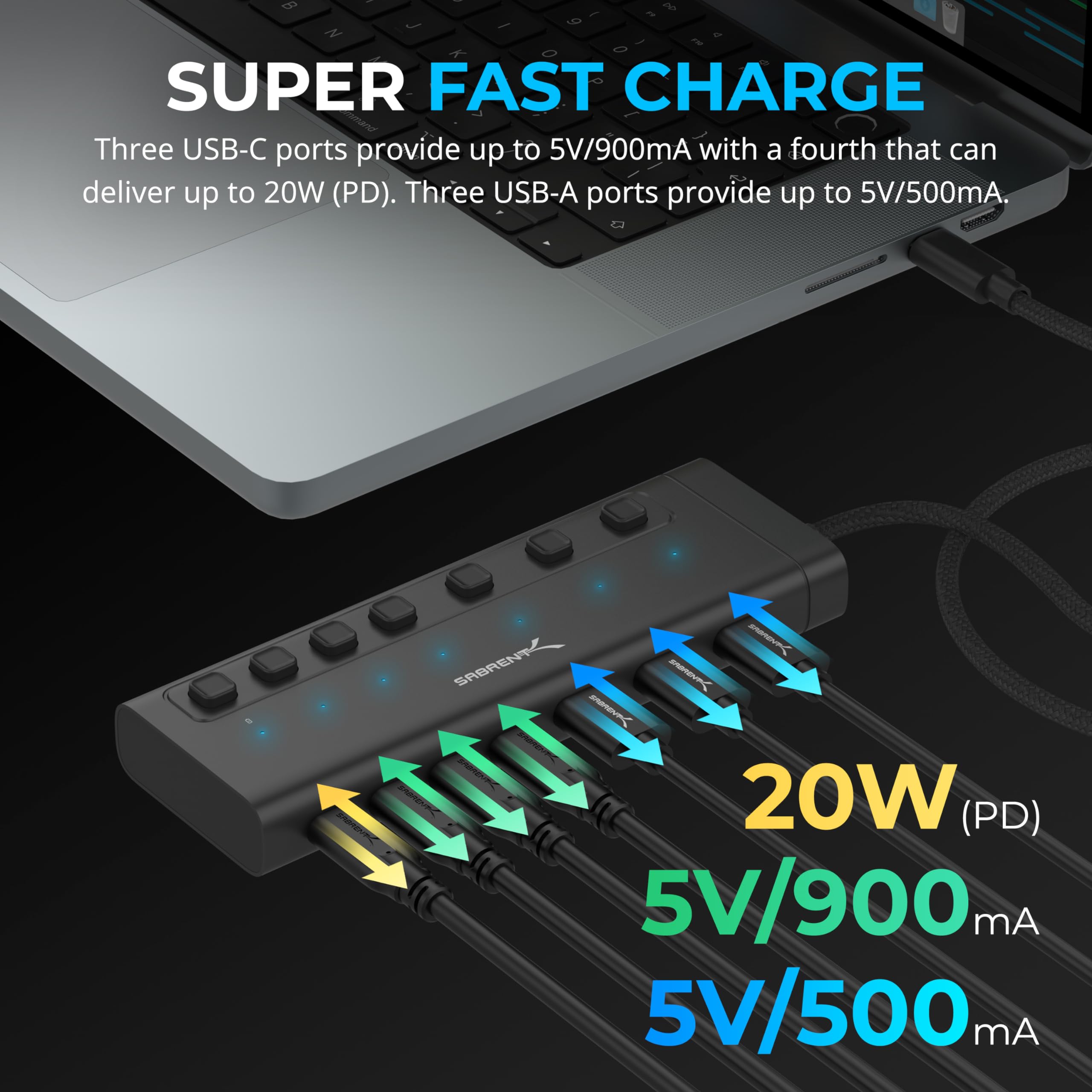 Sabrent Usb C Hub 7-Port 48W Powered Hub With Switches (Hb-3A4C)