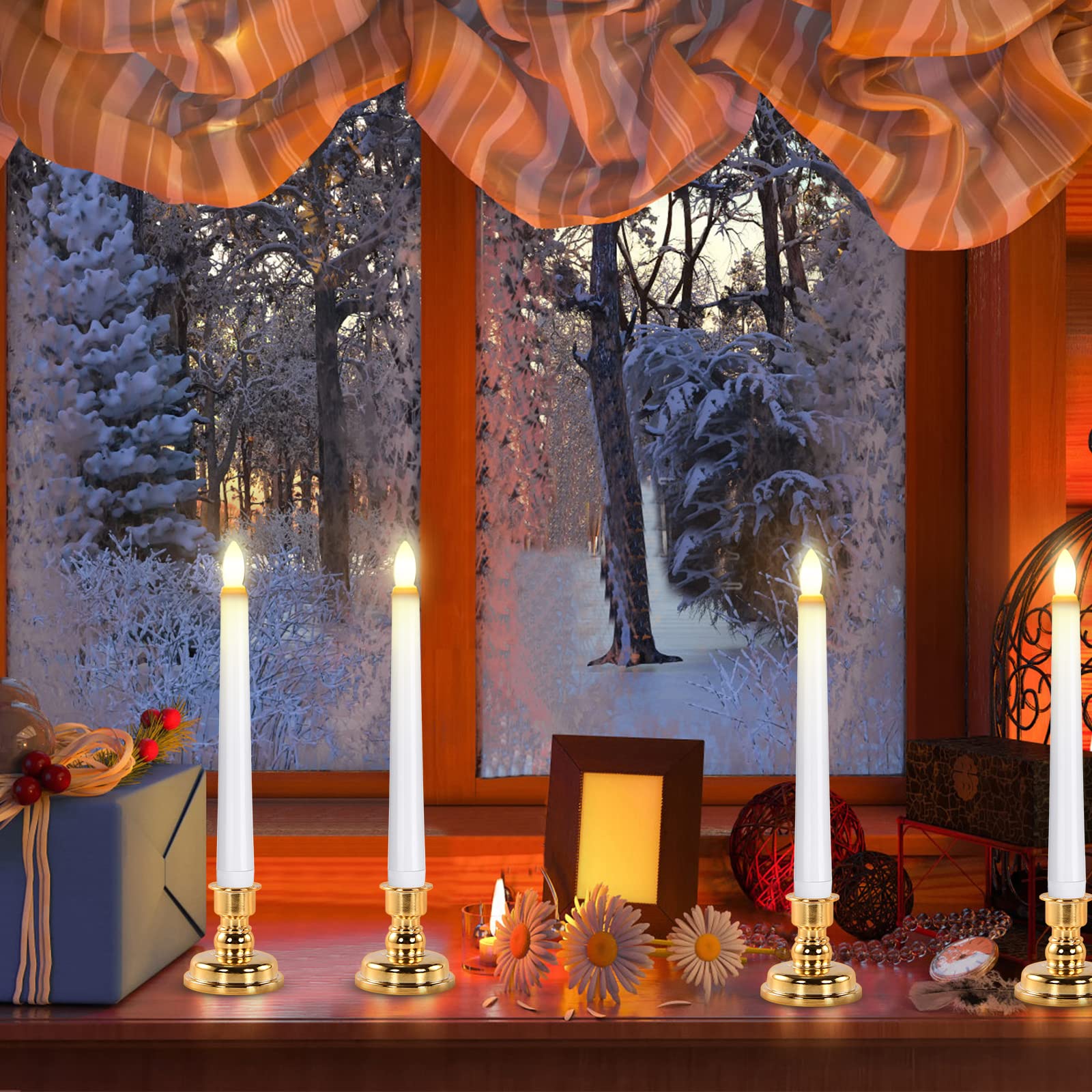 Josu Taper Candles Battery Operated: 4Pcs Flameless Candles With Remote Control   3D Wick Led Candles Flickering +4 Gold Candles