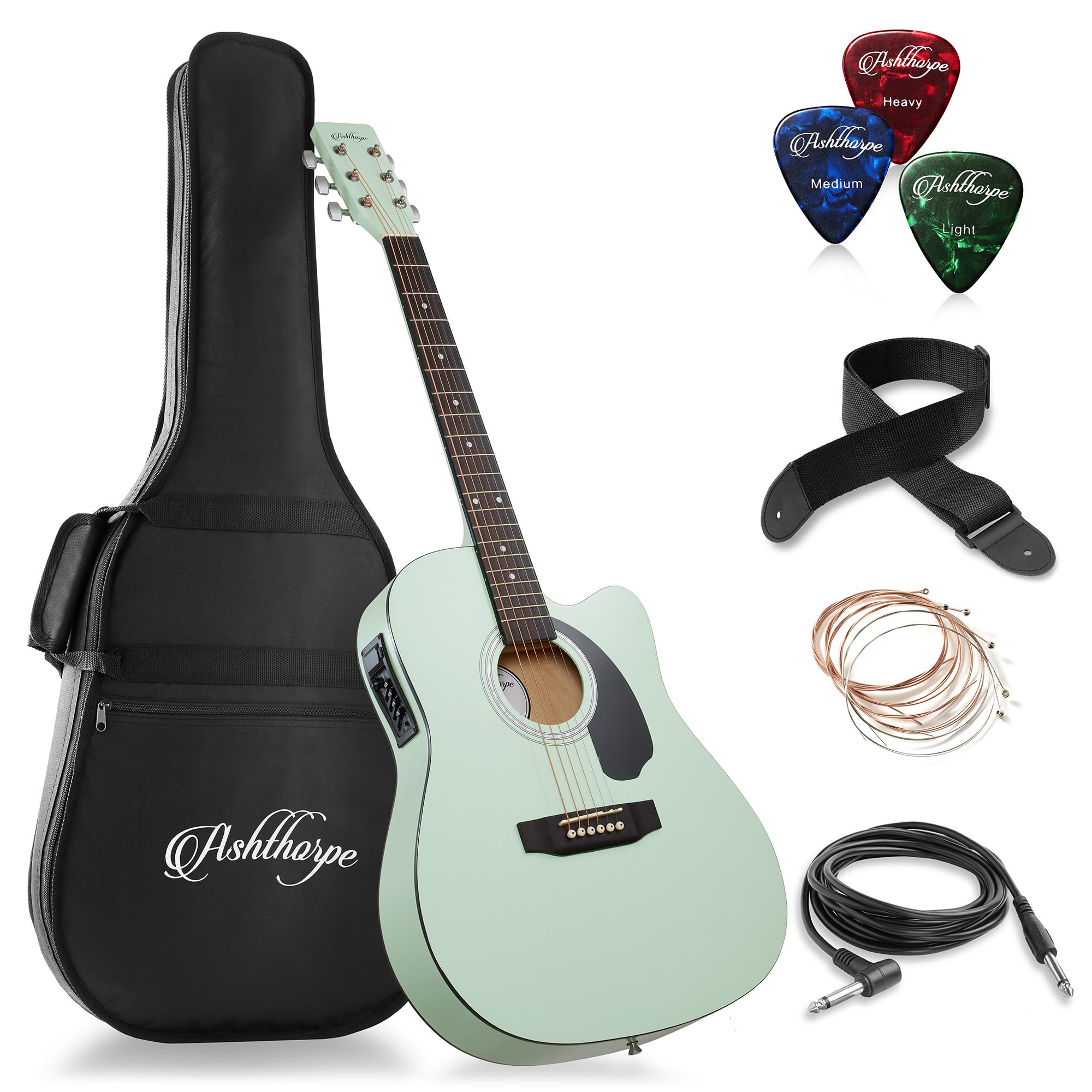 Ashthorpe Full Size Cutaway Thinline Acoustic Electric Guitar Package   Premium Tonewoods   Mint Green