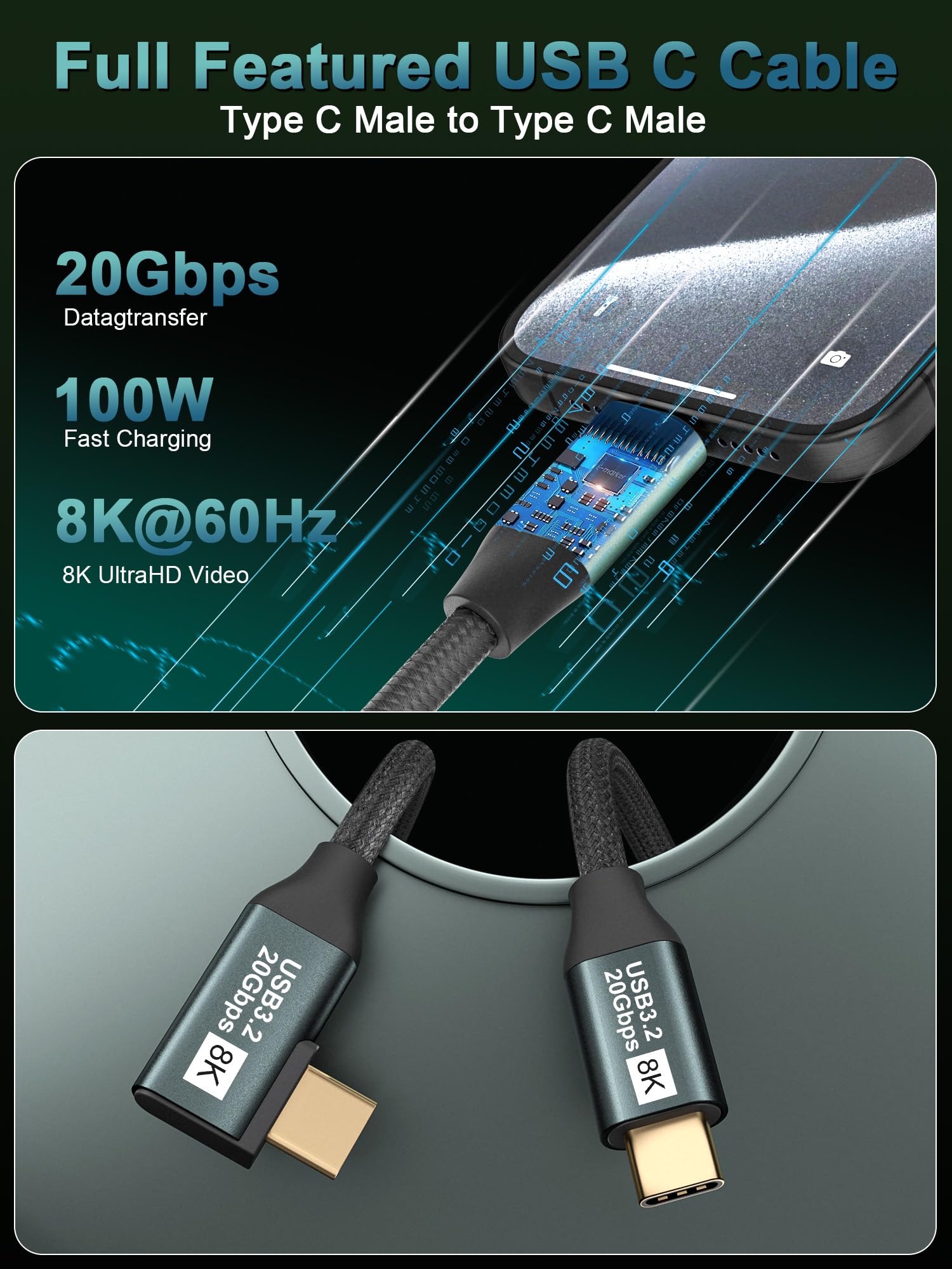 Kakapozo Right Angle Usb C To Usb C 3.1 Gen 2 6.6Ft 8K@60Hz Usbc Usbc Monitor Cable 20Gbps Data Transfer 100W Pd Fast Charging T