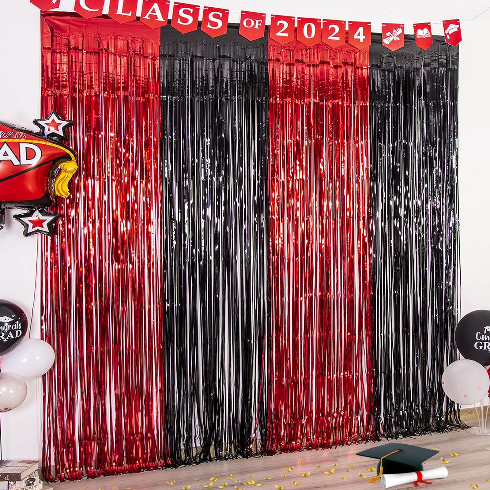 Lolstar 2Pack Red And Black 2024 Graduation Party Decorations, 3.3X6.6 Ft Foil Fringe Curtains Tinsel Metalitic Graduation Photo