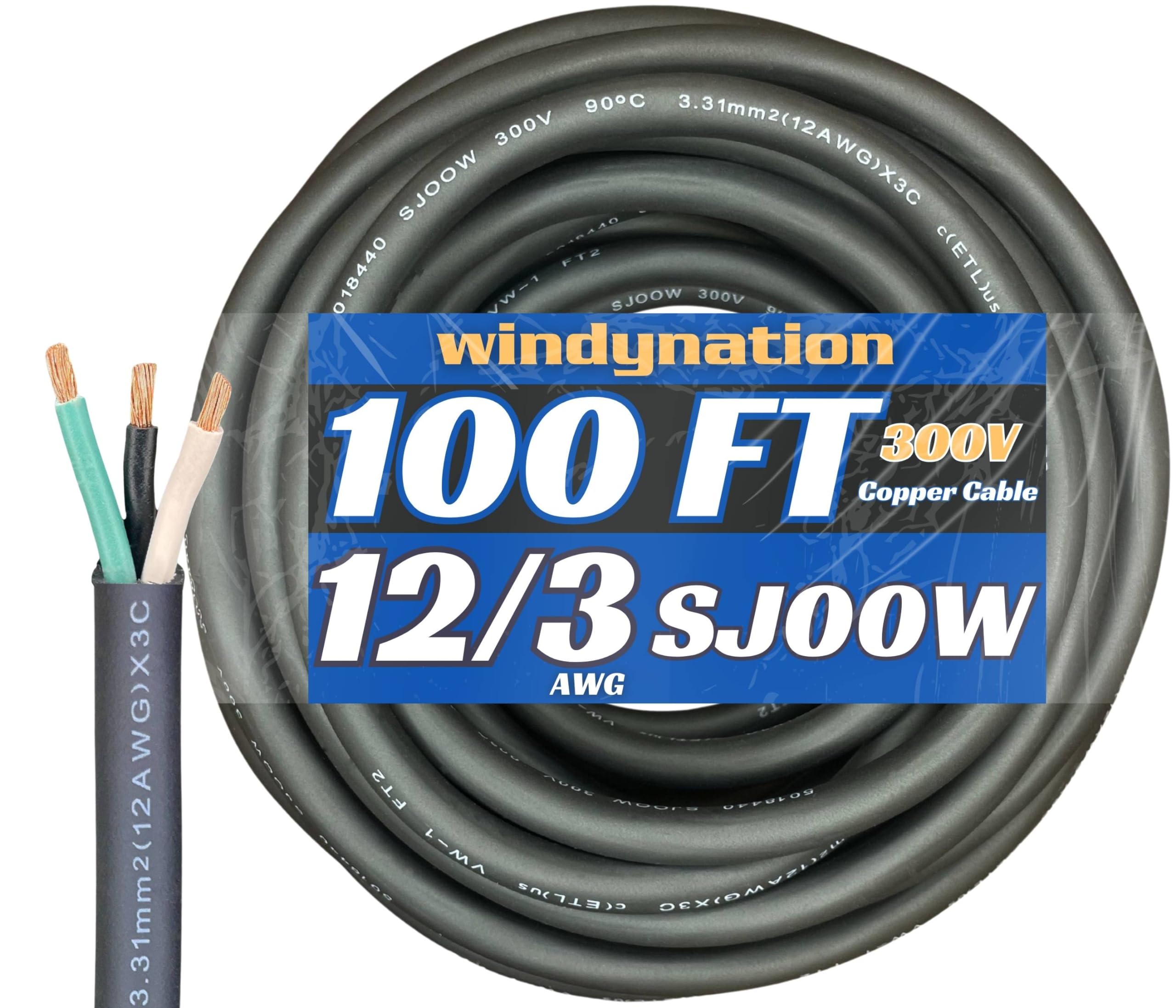 100 Feet 12/3 Sjoow Cable Cord 12 Awg 3 Conductor So Wire   12 Gauge 3 Conductor (12/3 Wire) 300V Portable Power Extension Cable