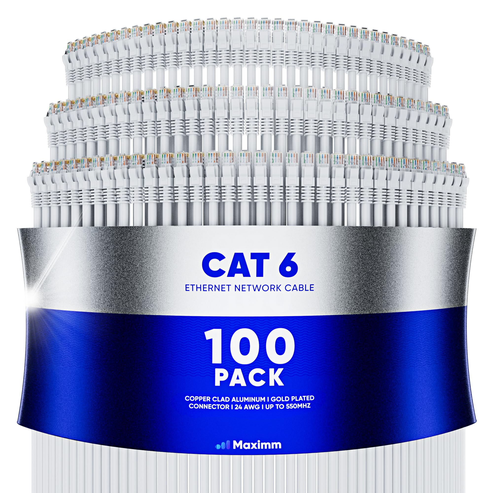 Maximm Cat 6 Ethernet Cable 7 Ft (100 Pack)   High Speed Lan Cable, Internet Cable, Patch Cable, And Network Cable   Utp, 10Gbps, 550Mhz Ethernet Cord   White