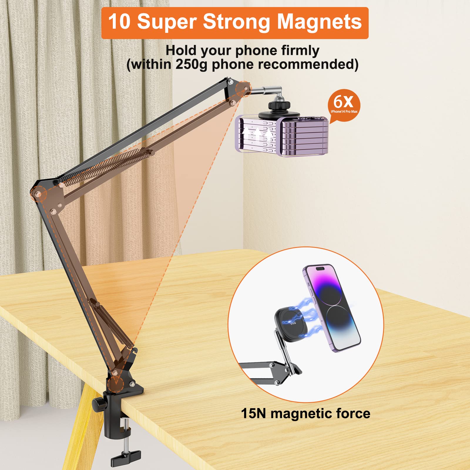 Uurig Overhead Phone Mount Stand With Magsafe, Articulating Arm Cell Phone Holder For Desk, Cell Phone Holder For Live Streams,