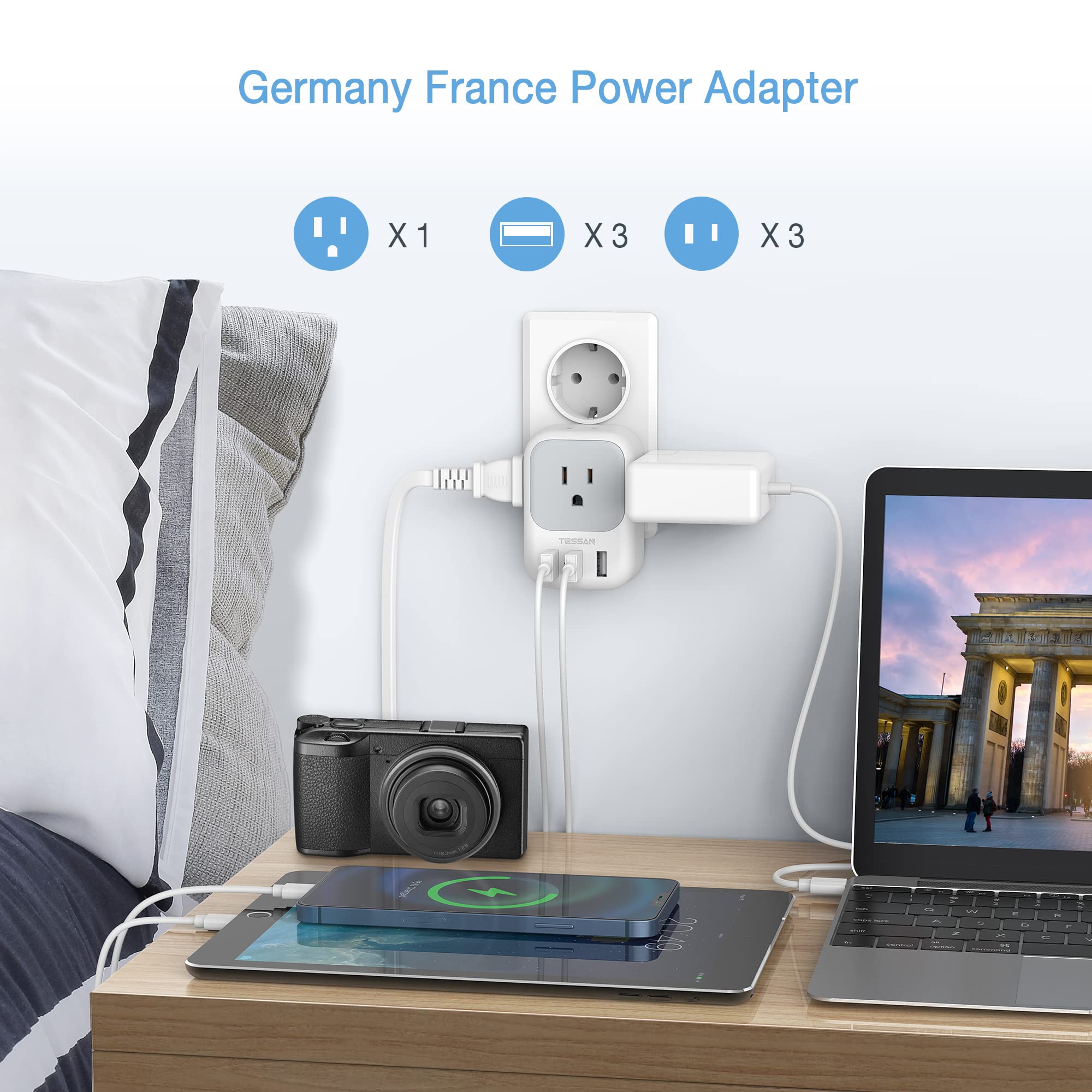 Tessan Type E F Plug Adapter 2 Pack, Germany France Power Adapter, Schuko Outlet Converter With 4 Ac Outlets 3 Usb Ports, Travel