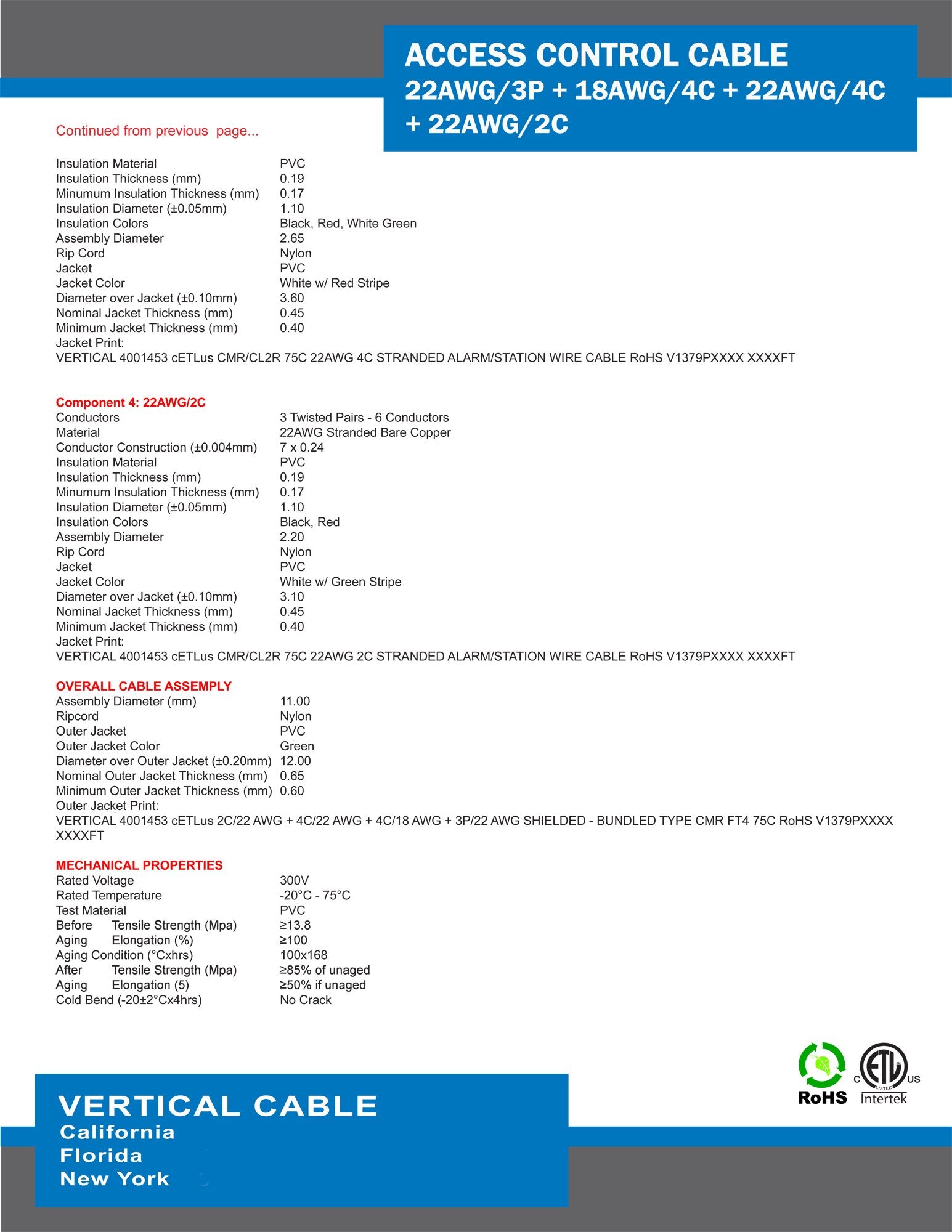 Vertical Cable Access Control Cable Riser: 22Awg/3 Pair Shielded + 18Awg/4 Conductor + 22Awg/4 Conductor + 22Awg/2 Conductor, St