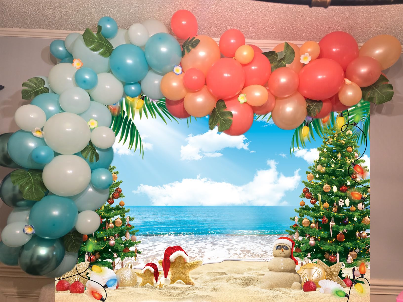 July Christmas Backdrop 7X5Ft Summer Beach Christmas Tree Decoration Photography Background Tropical Hawaiian Party Supplies Pho