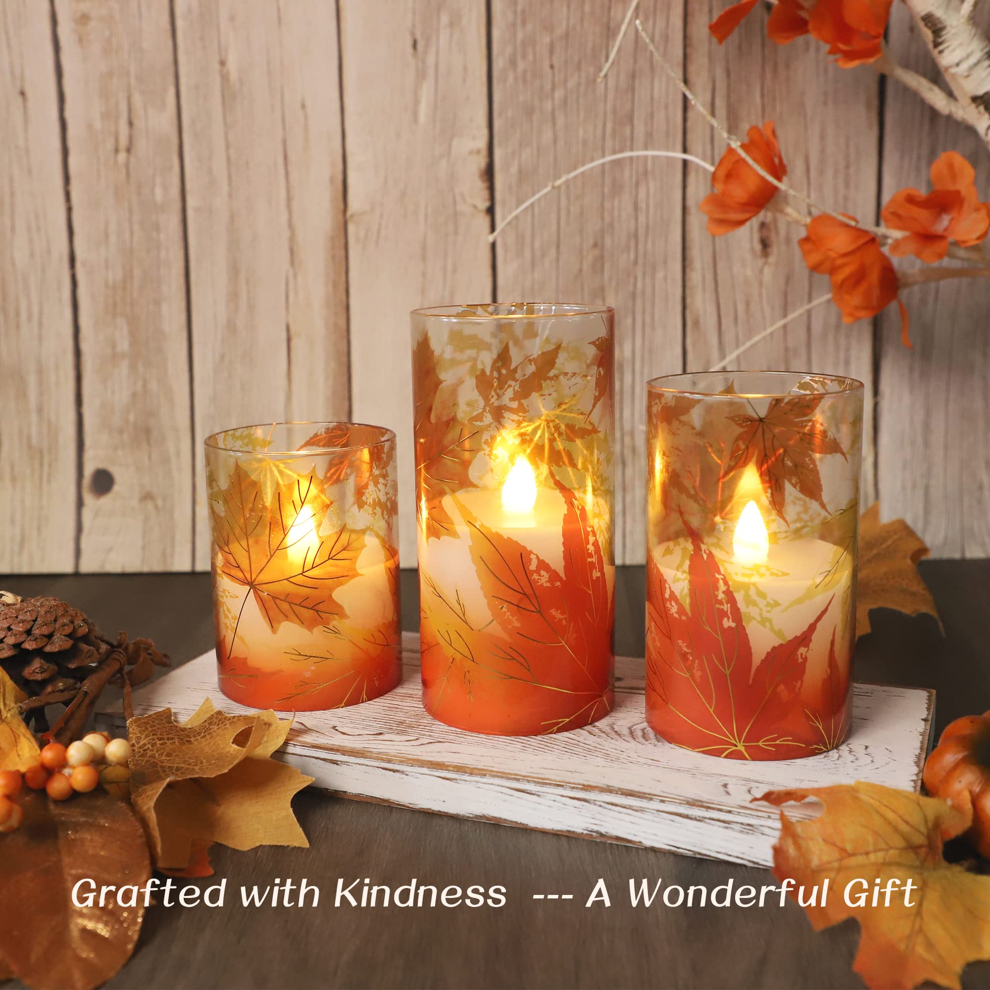 Crystal Club Fall Flameless Candles, Autumn Maple Leaves Led Flickering Candles With Remote And Timer, Battery Operated Glass Ef