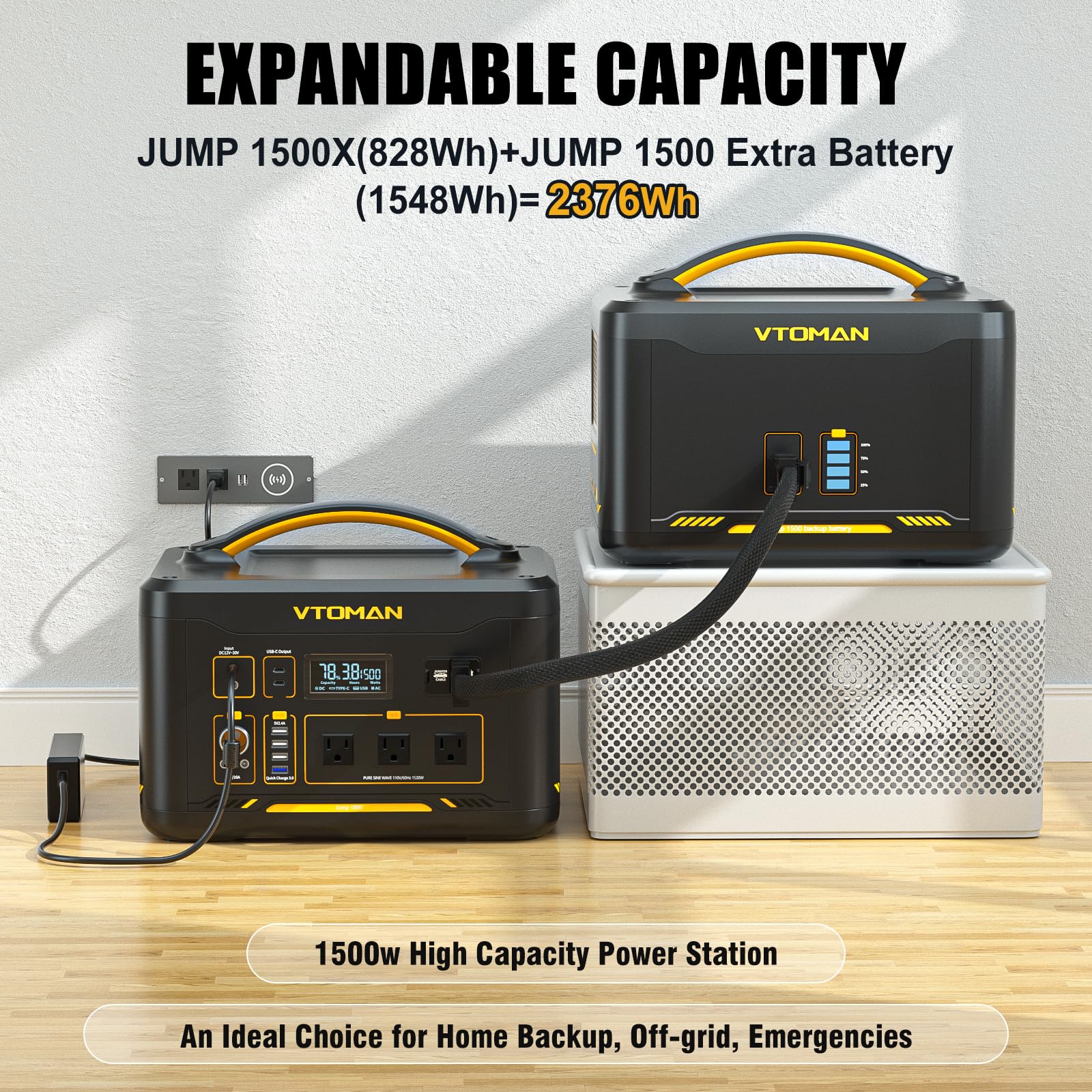 Vtoman 2376Wh Portable Power Station Bundle With Extra Battery & 110W Solar Panel Included, Up To 3000W Solar Generator For Home