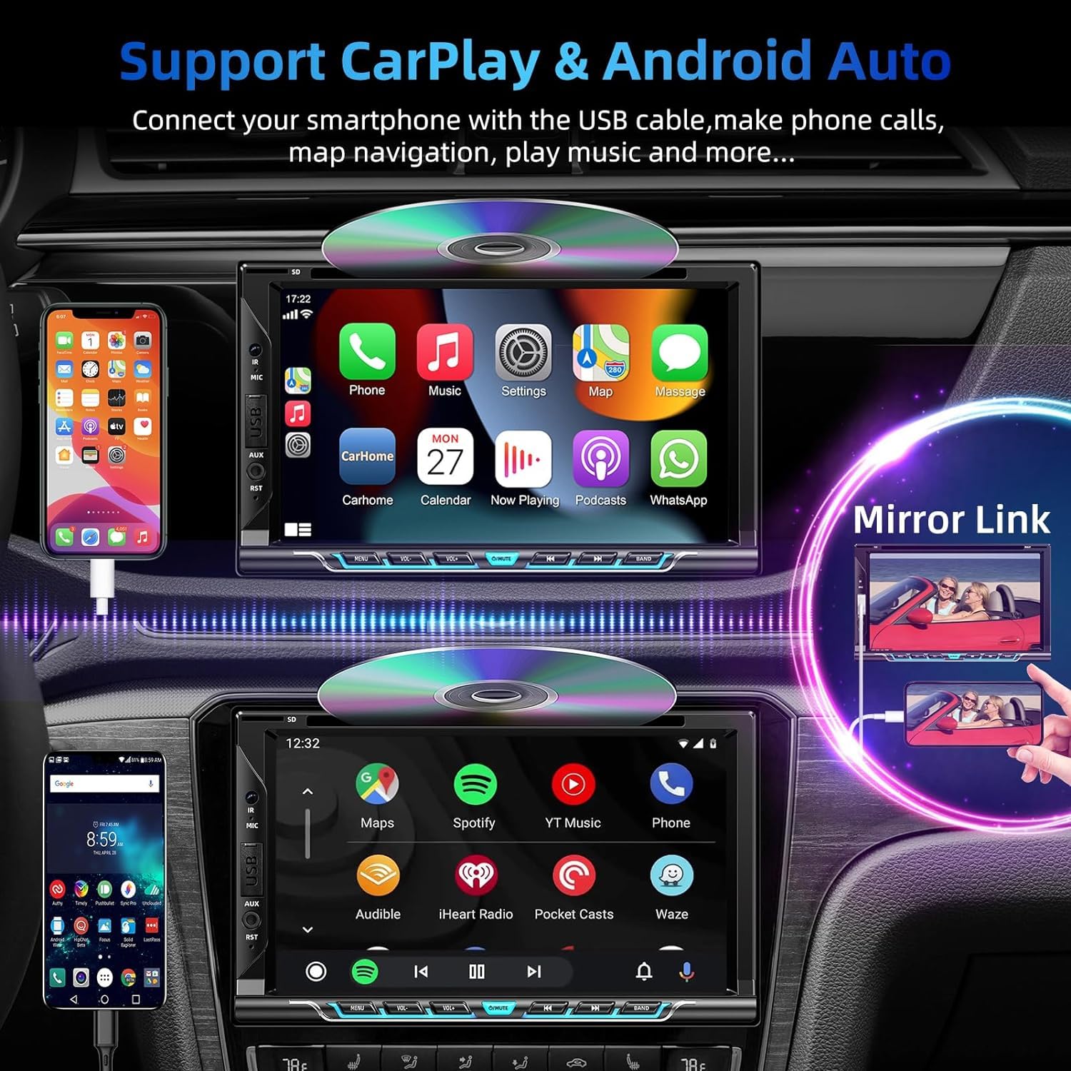 WOWiViD Double Din Car Stereo, 7 HD Touchscreen, CarPlay & Android Auto, Bluetooth, CD/DVD Player, Backup Camera, USB/TF/AUX Input, Black