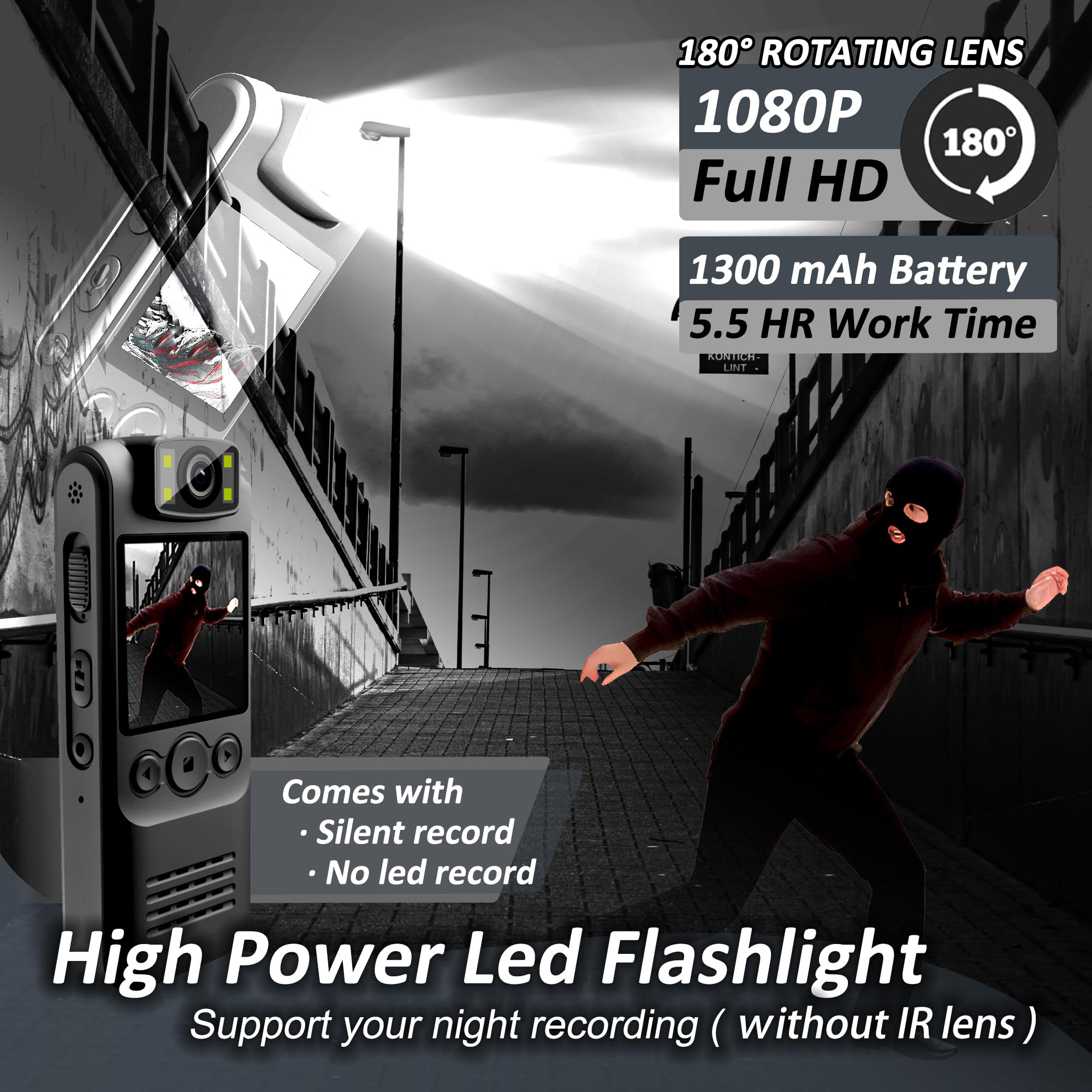 Body Camera With Audio & Video Recording  64Gb 1080P Hd Police Cop Cam For Outdoor Law Enforcement Guard Travel Cameras  With Magnetic Clip Flashlight 6Hr Battery Recorder (Black With Lanyard)