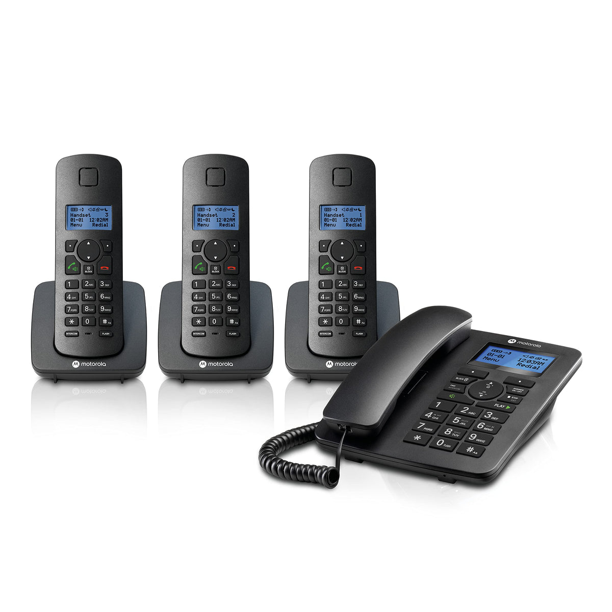 Motorola Voice C42 Corded Phone System + 3 Digital Cordless Handsets W/Answering Machine, Call Block   Black (C4203)