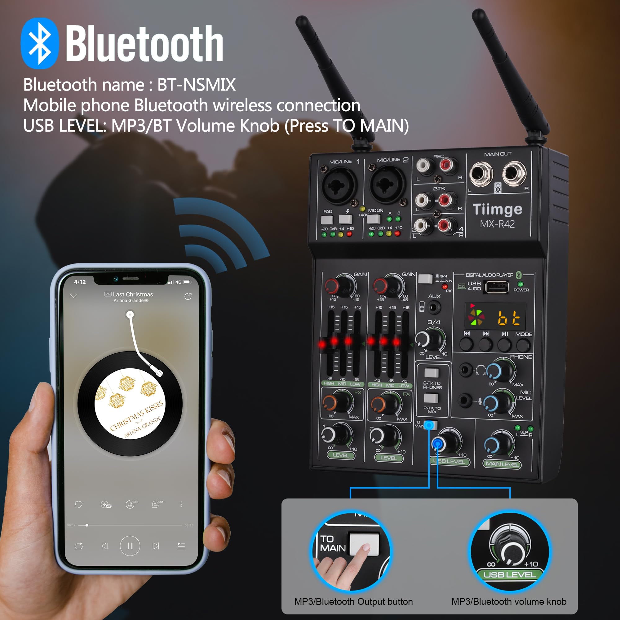 Professional Audio Mixer With Dual Wireless Microphone, Sound Board Console System Interface 4 Channel Dj Mixer Usb Bluetooth Mp