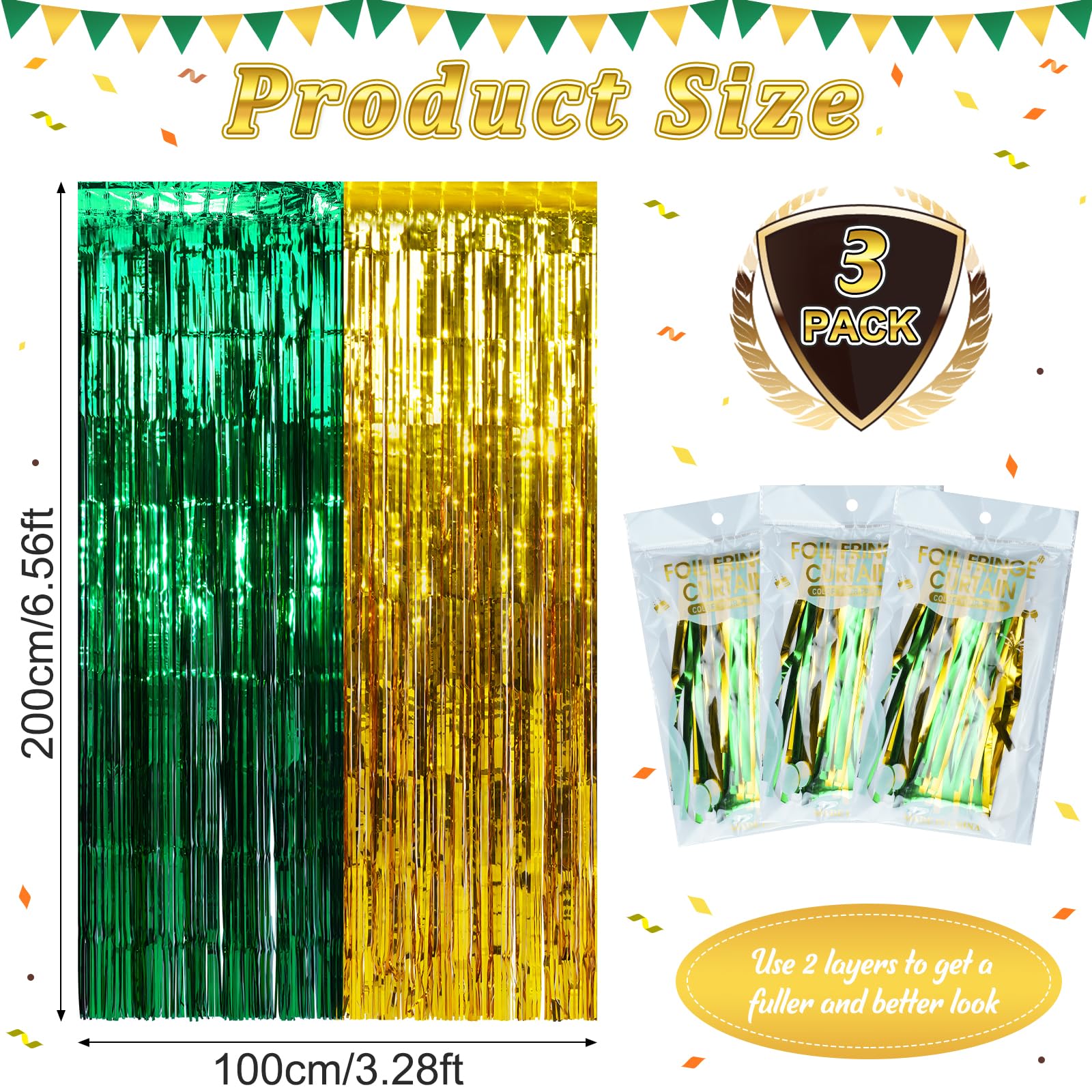 3Pack 3.3Ft X 6.6Ft Graduation Foil Fringe Curtain Backdrop Decorations, Green Gold Metallic Tinsel Foil Streamers Curtain Photo