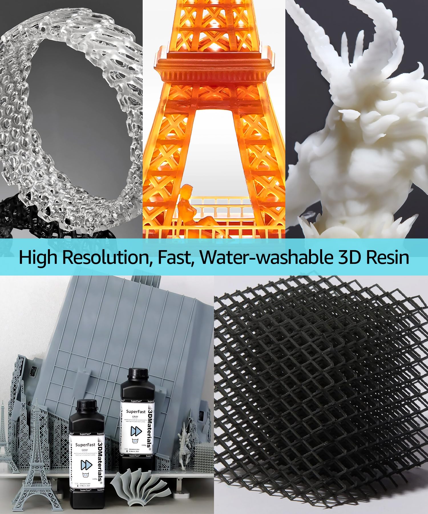 Superfast 3D Printer Resin Water Washable, 0.6 Sec 50Um Printing, Made In Korea By 3Dmaterials (1000G, Dark Grey)