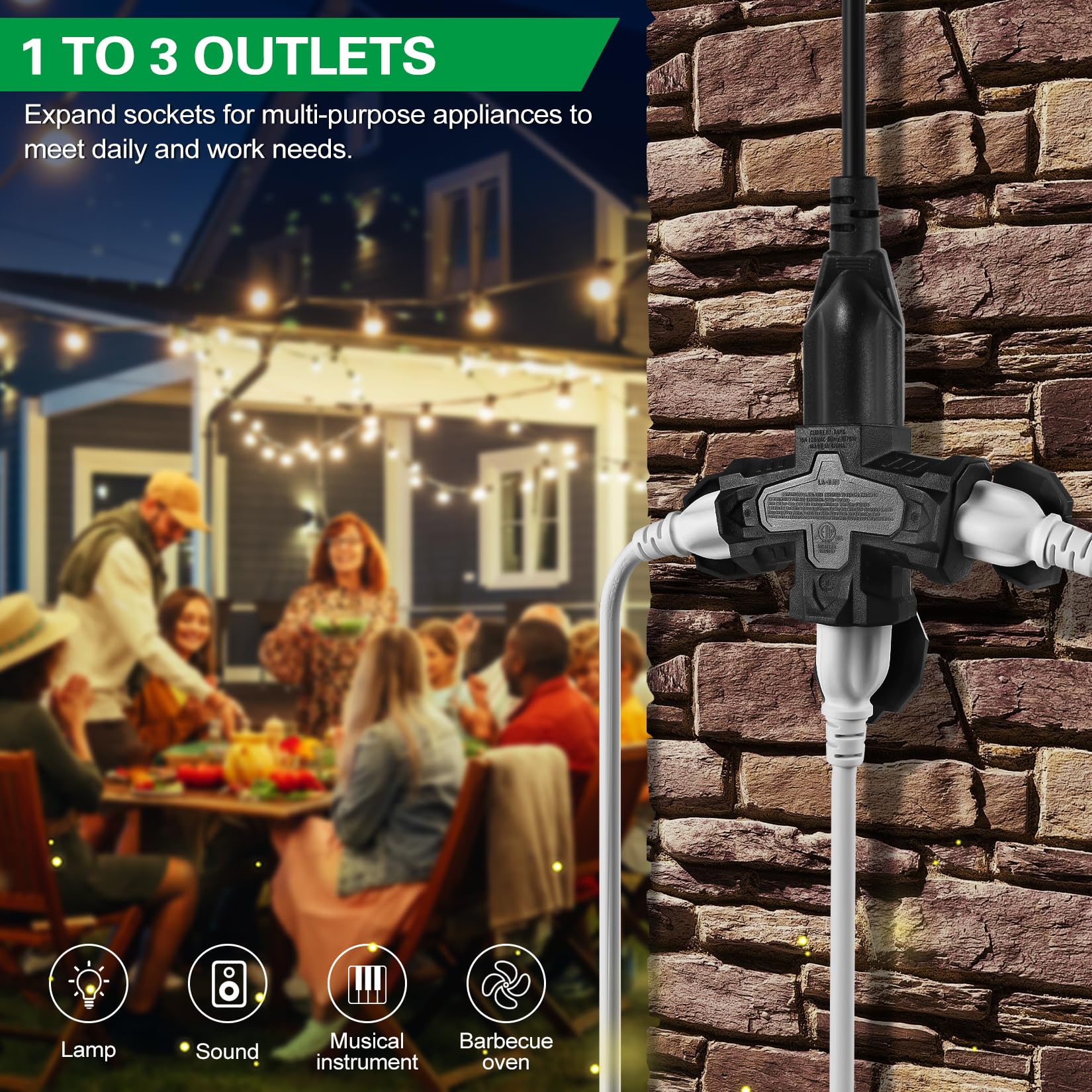 Fiiman 3 Outlet Indoor Outdoor Wall Adapter, Etl Listed 3 Prong Grounded Outlet Splitter, Weatherproof Heavy Duty Multi Outlet P