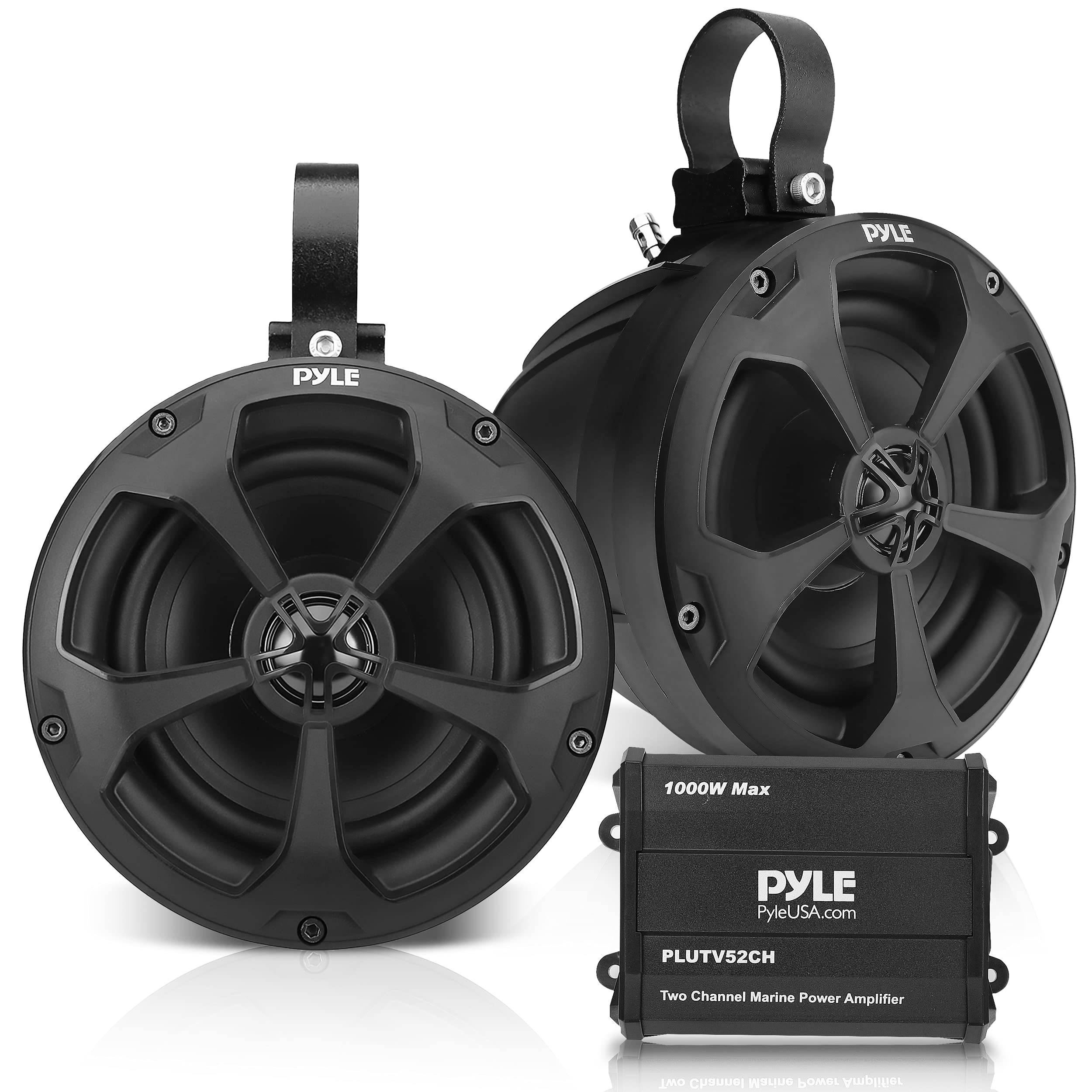Pyle Waterproof Off-Road Speakers with Amplifier - 5.25 Inch 1000W 2-Channel Marine Grade Wakeboard Tower Speakers System Full R