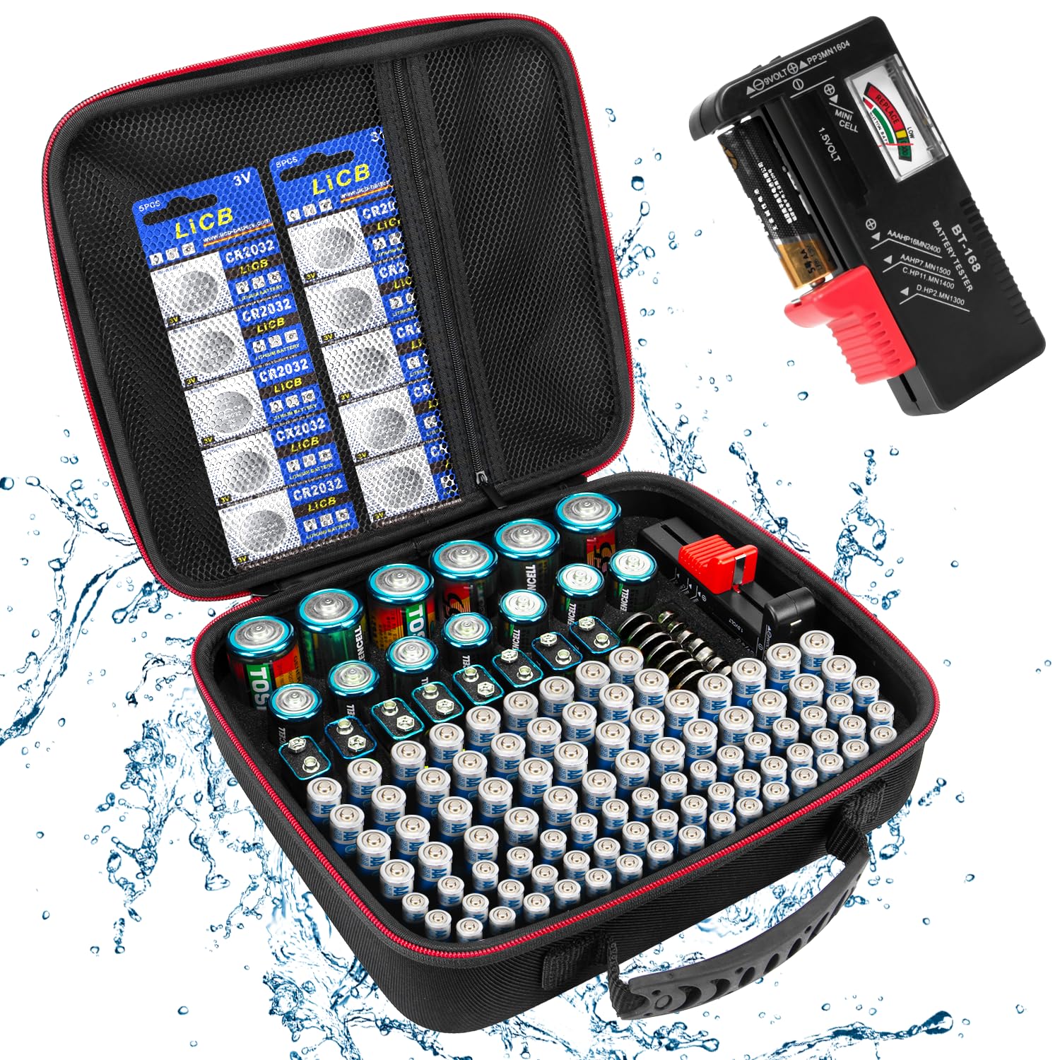 Battery Holder Organizer Storage Case With Tester   Bt168,Holds 140+ Batteries Waterproof Carrying Battery Case Bag For Aa Aaa C