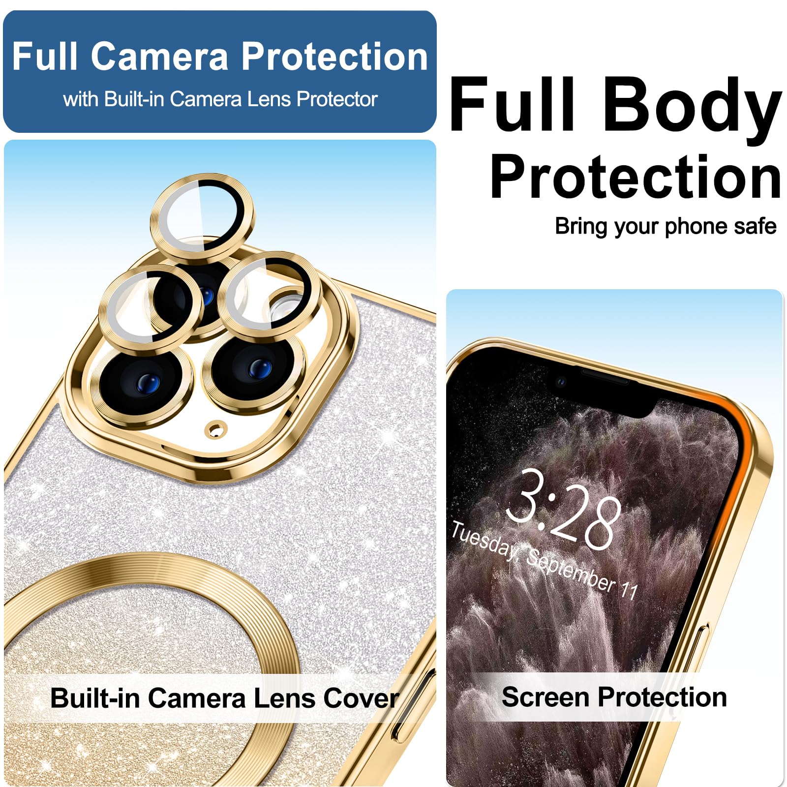 Hython For Iphone 11 Pro Max Case Clear Magnetic Glitter Phone Cases [Compatible With Magsafe] Full Camera Lens Protector Slim G