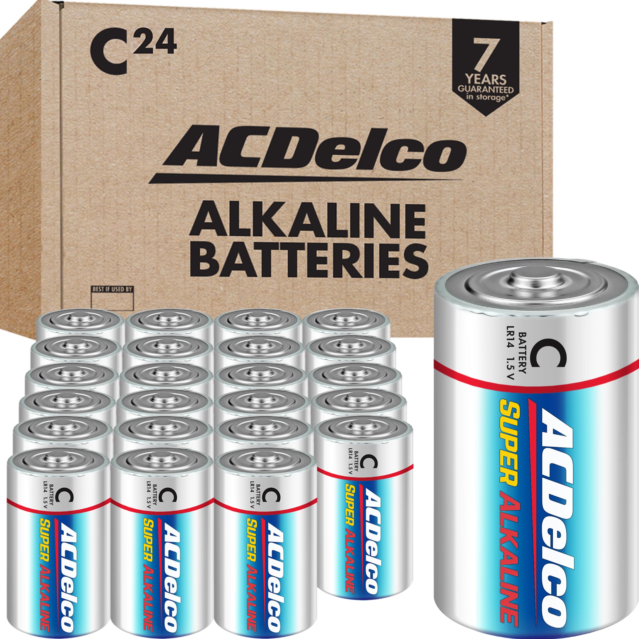 Powermax Acdelco 24 Count Size C Alkaline Batteries, Super Alkaline Battery, 7 Year Shelf Life, Reclosable Packaging