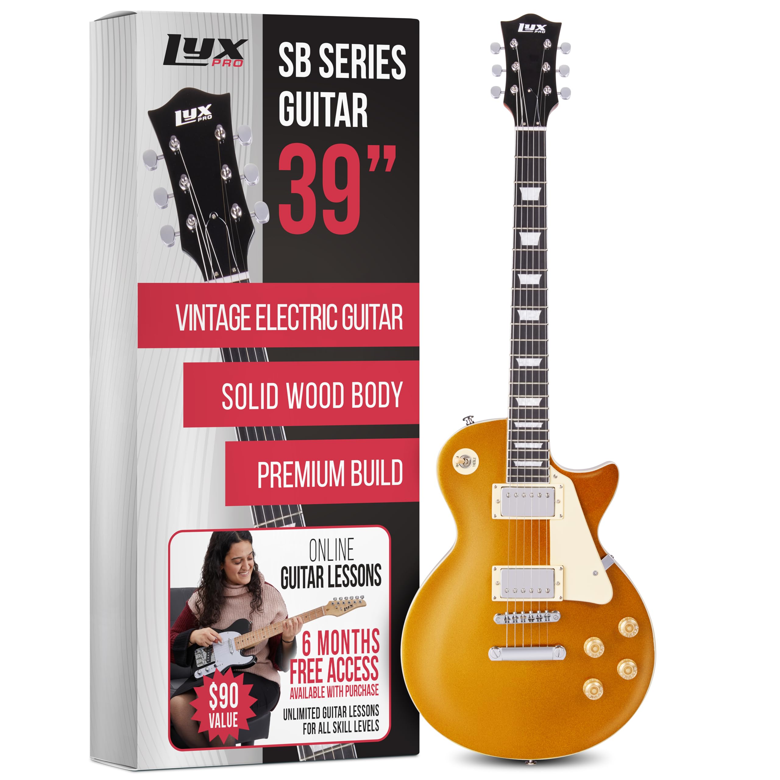 Lyxpro 39� Sb Series Electric Guitar, Lp Style For Beginner, Intermediate & Pro Players Solid Body Guitar, Bonus 2 Pack Of Picks, Mahogany Wood, Volume/Tone Controls, 3 Way Pickup   Honey Burst