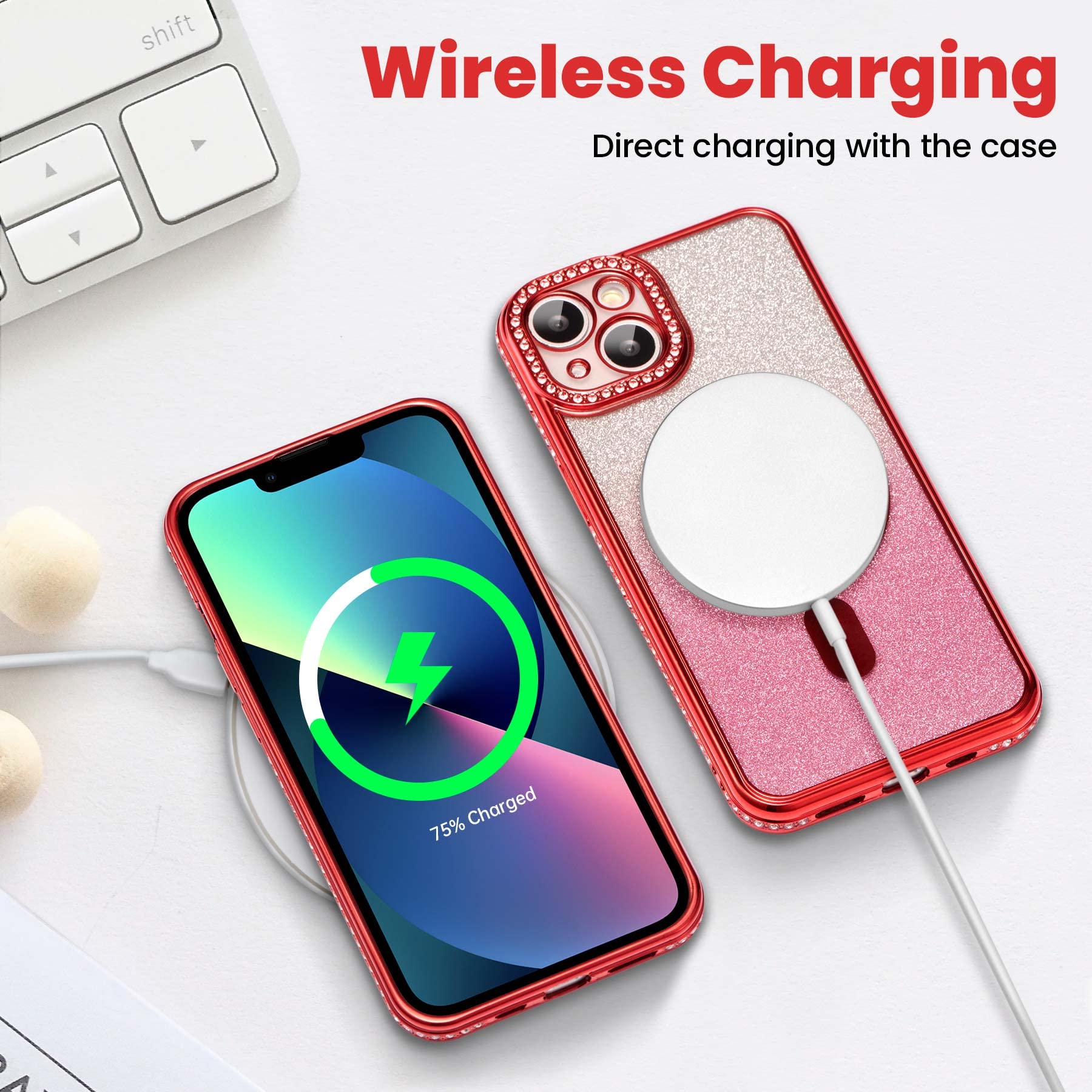 Zcdaye Case For Iphone 14 Pro Max With Diamond Decorated, Iphone 14 Pro Max Phone Case Compatible With Wirless Charging, Red Edg