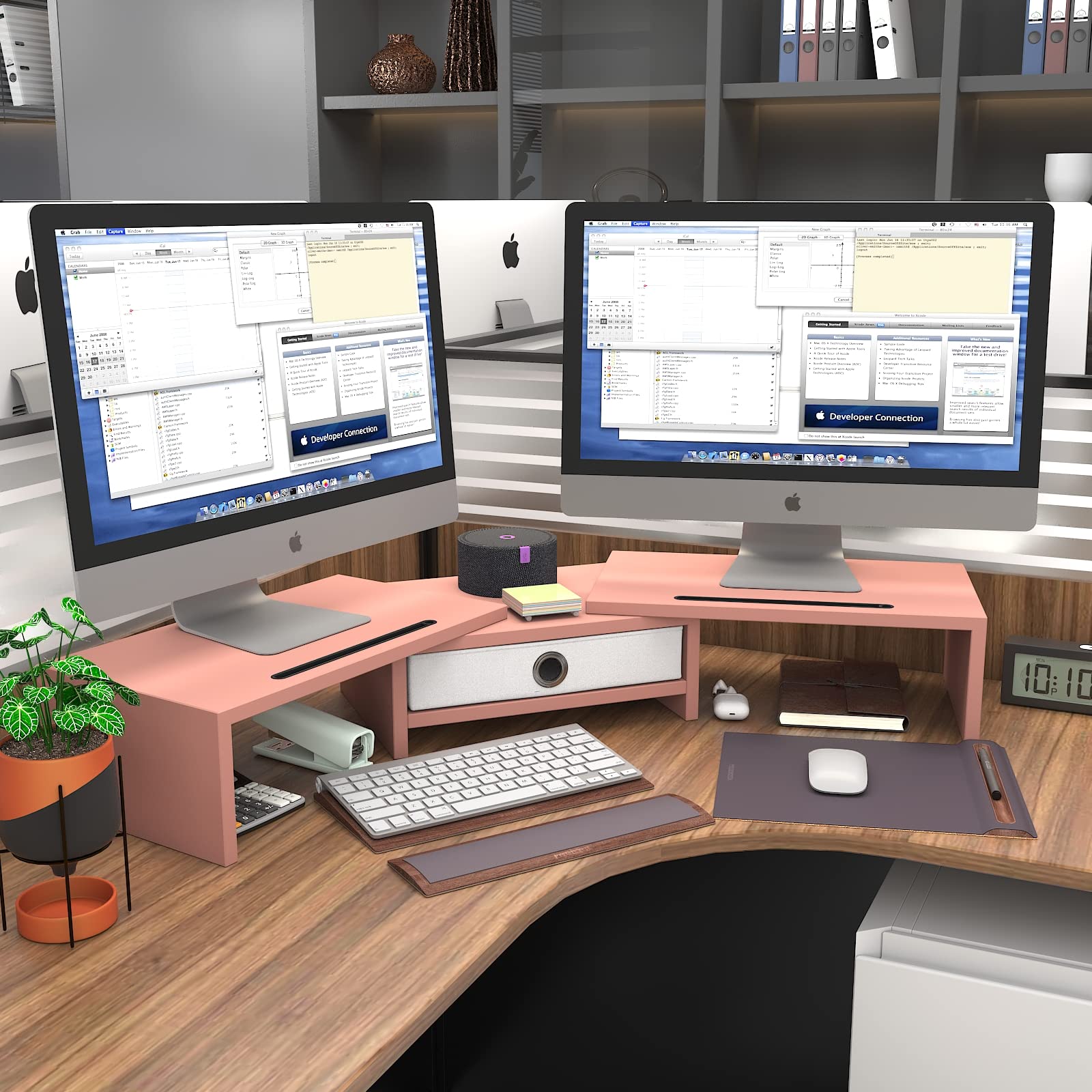 Westree Dual 3 Shelf Computer Riser With Drawer, Adjustable Length And Angle, Desktop 2 Monitor Stand Storage Organizer