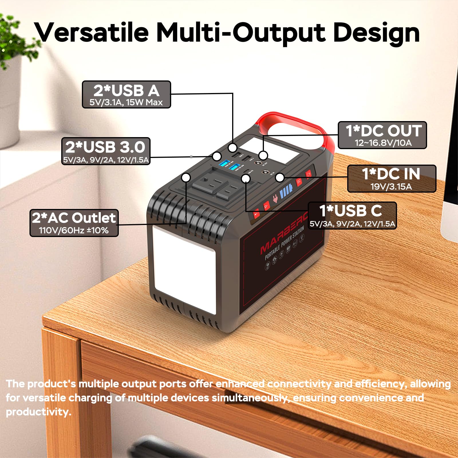 Portable Power Station 300W Marbero 237Wh Camping Solar Generator Backup Lithium Battery With Pure Sine Wave 110V Ac Outlet, Usb