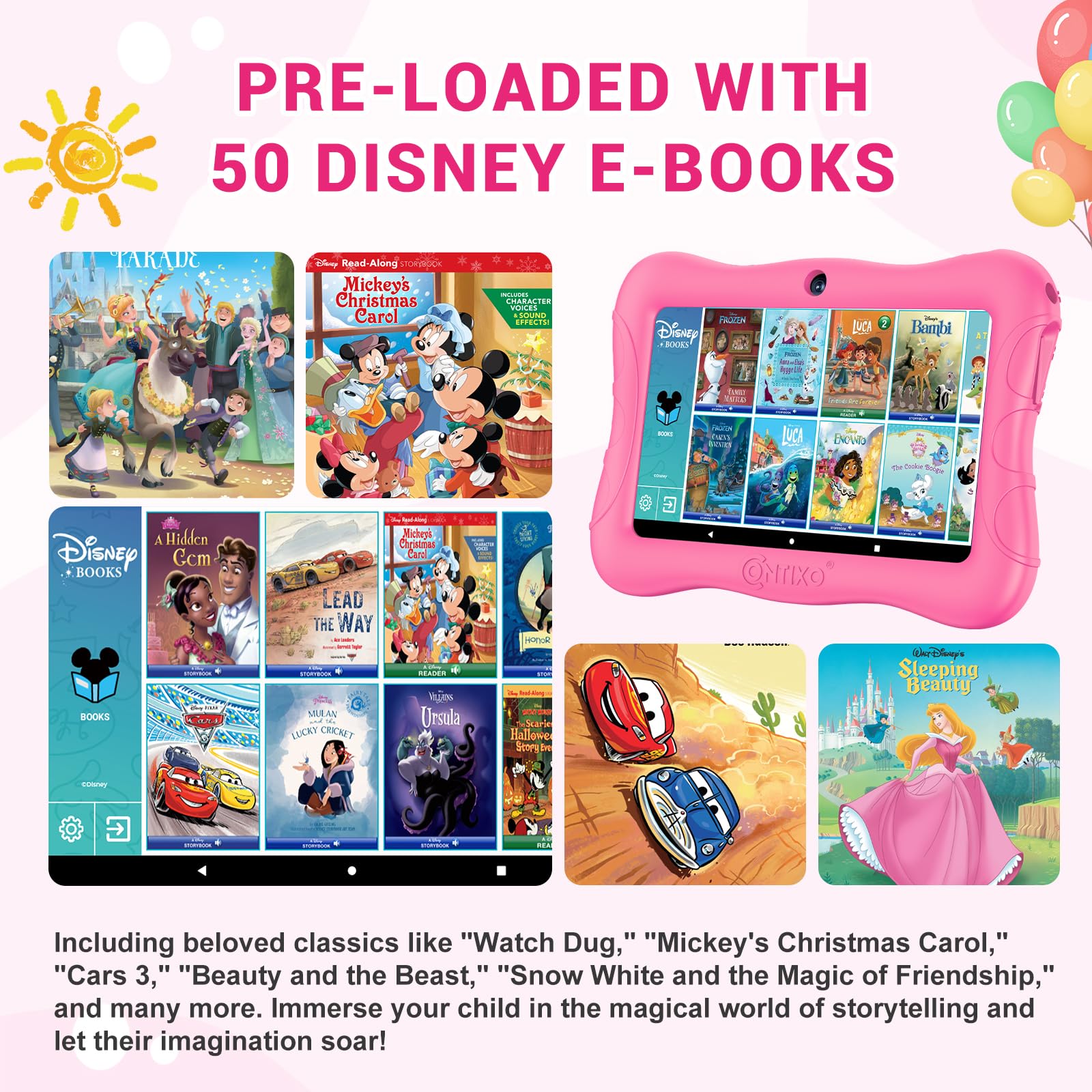 Contixo 7' Android Kids Tablet 32Gb, Includes 50+ Disney Storybooks & Stickers (Value $200), Protective Case With Kickstand, (2023 Model)   Pink