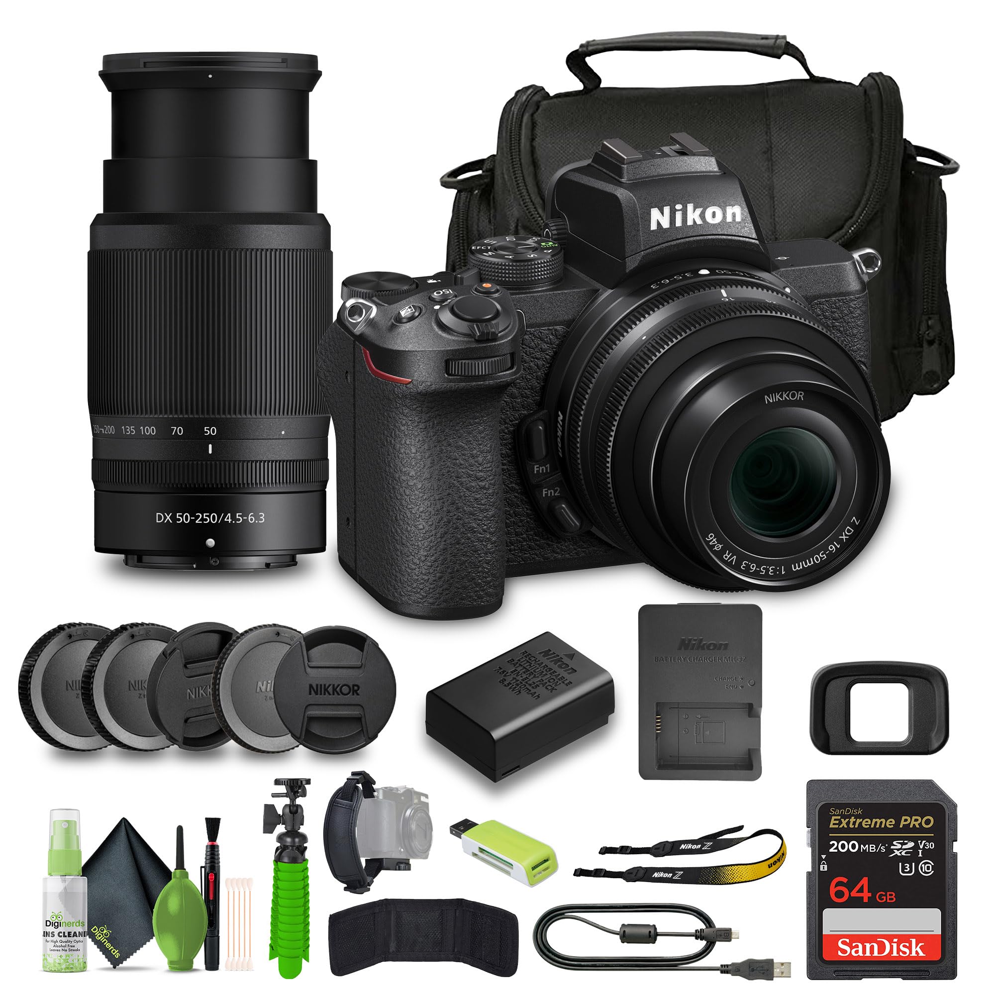 Nikon Z50 Compact Lightweight Mirrorless Camera with 16-50mm and 50-250mm Lenses + Soft Case + Cleaning Kit + Memory Card Wallet
