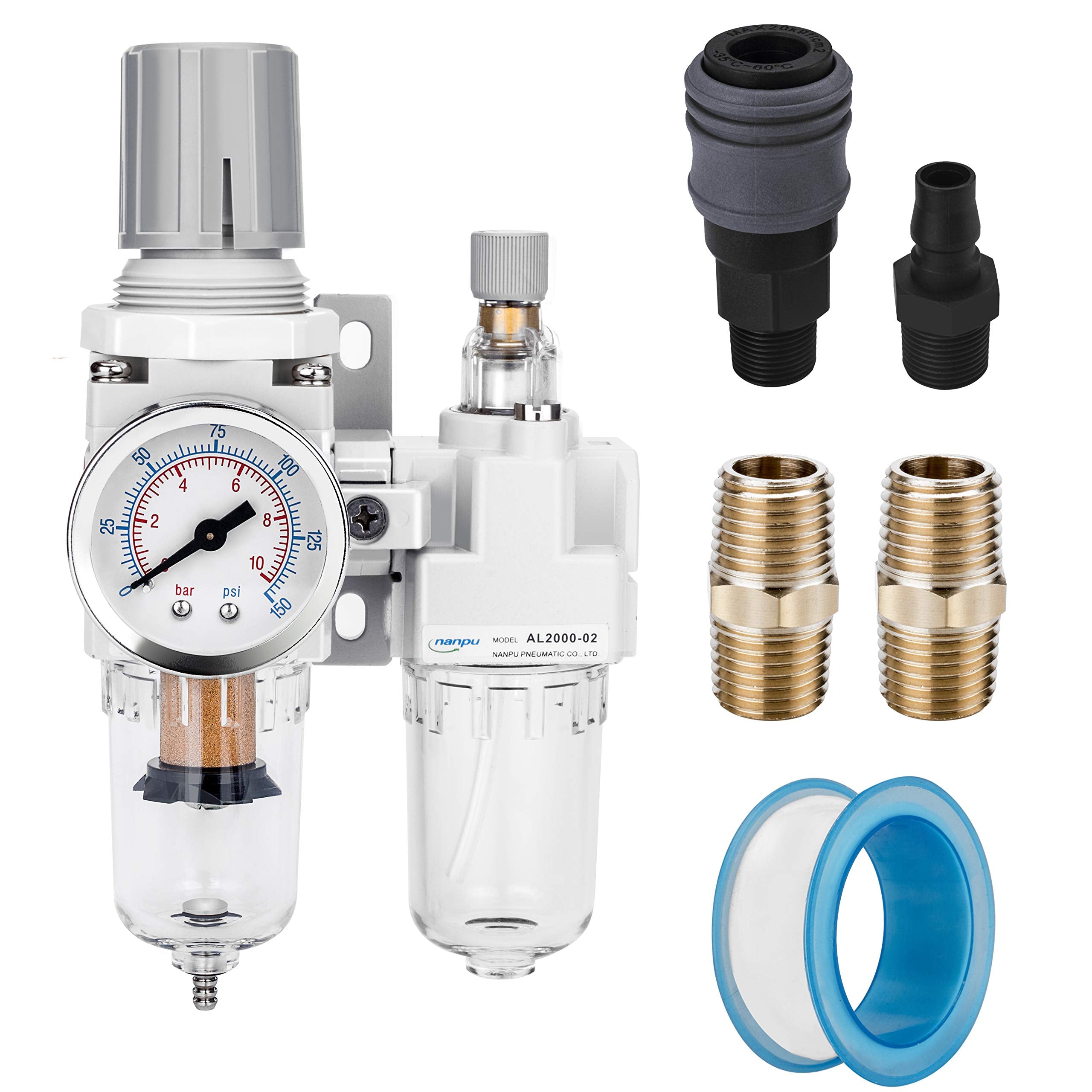 Nanpu 1/4'' Npt Compressed Air Filter Regulator Lubricator Combo Water/Oil Trap Separator - Gauge(0-150 Psi), Poly Bowl, Semi-Au
