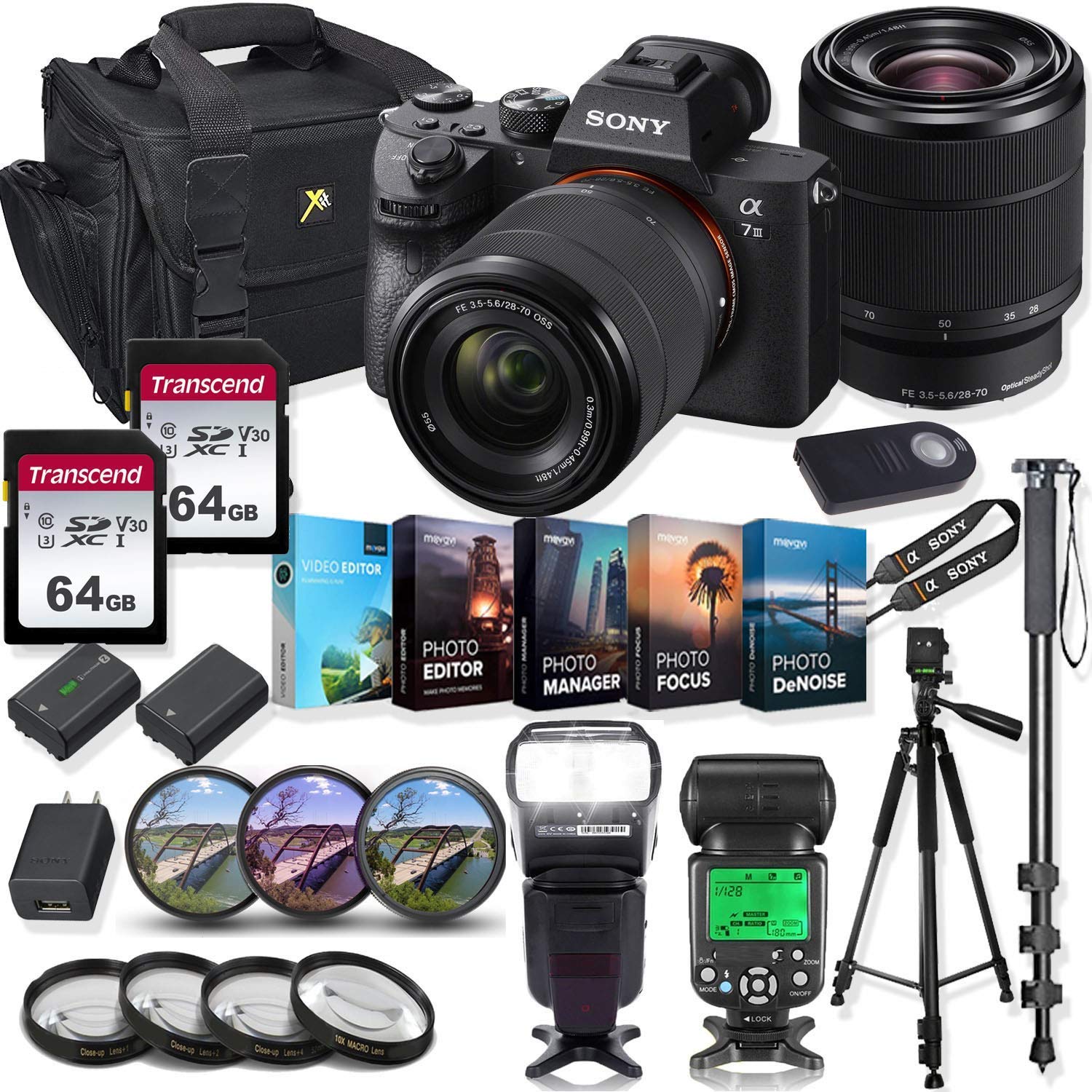 Sony Alpha a7 III Mirrorless Digital SLR Camera with 28 70mm Lens Kit + Prime TTL Accessory Bundle with 128GB Memory & Photo/Video Editing Software