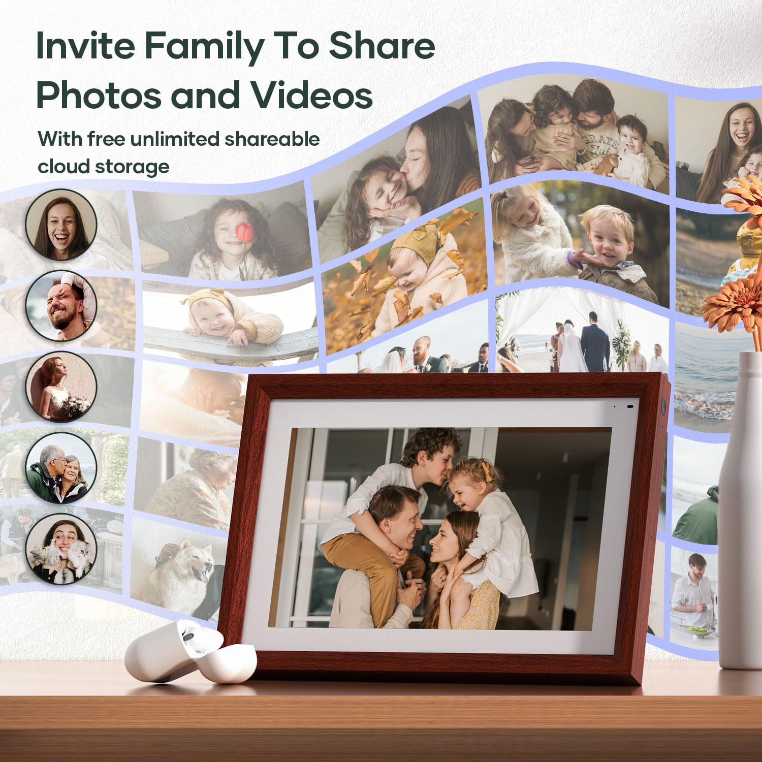 Cozyla Frame 10.1 Inch WiFi Digital Picture Frame with Alexa, Multi-Platform Sharing, Walnut Wood
