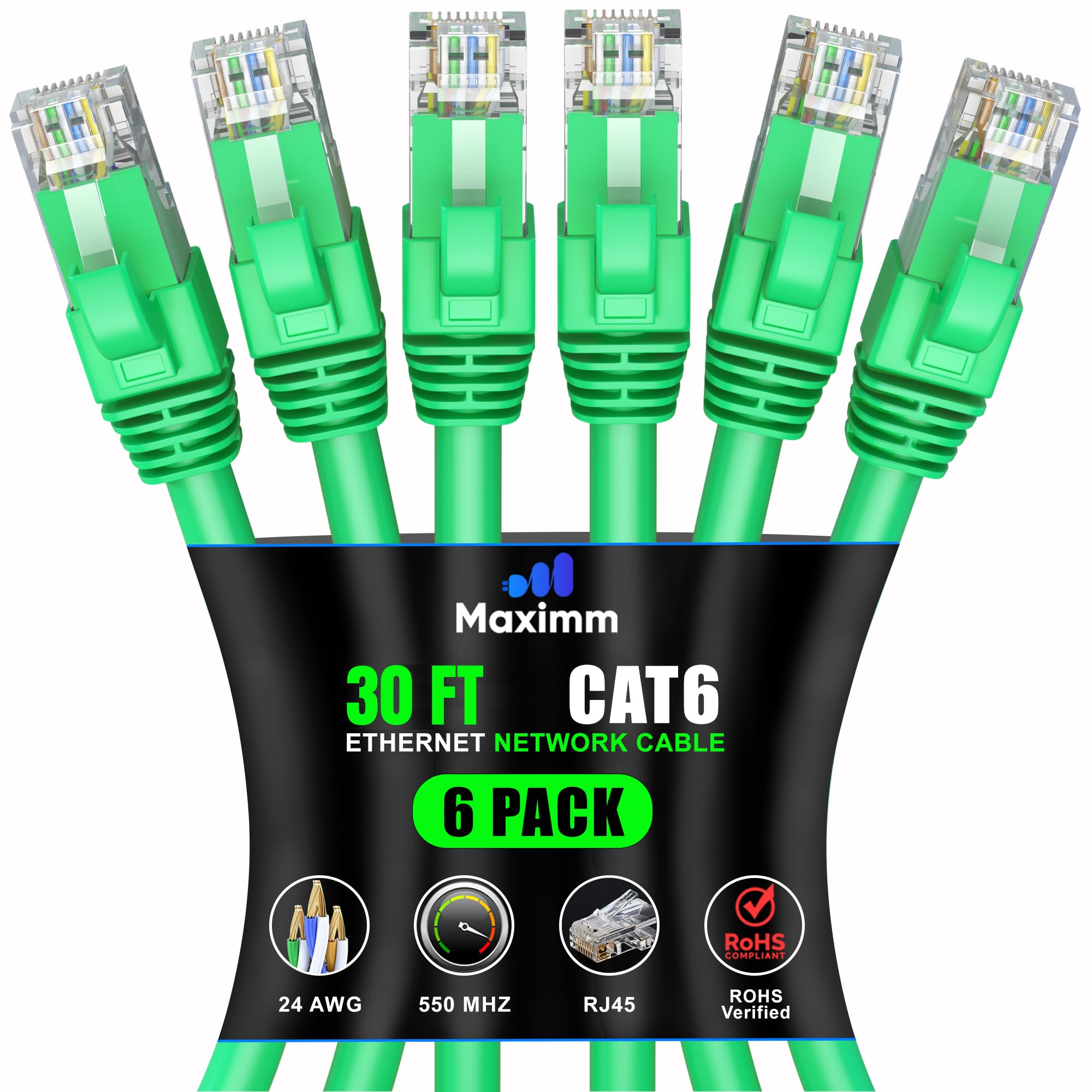 Maximm Cat 6 Ethernet Cable 30 Ft (6 Pack)   High Speed Lan Cable, Internet Cable, Patch Cable, And Network Cable   Utp, 10Gbps, 550Mhz Ethernet Cord   Green