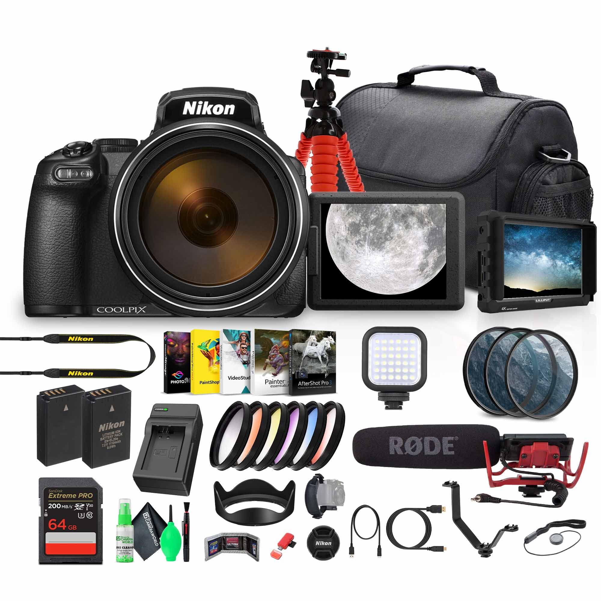 Nikon COOLPIX P1100 125x Super Zoom Compact Digital Camera (26541) + Mic + Monitor + 77mm Color Filters + Photo Software + 64GB 