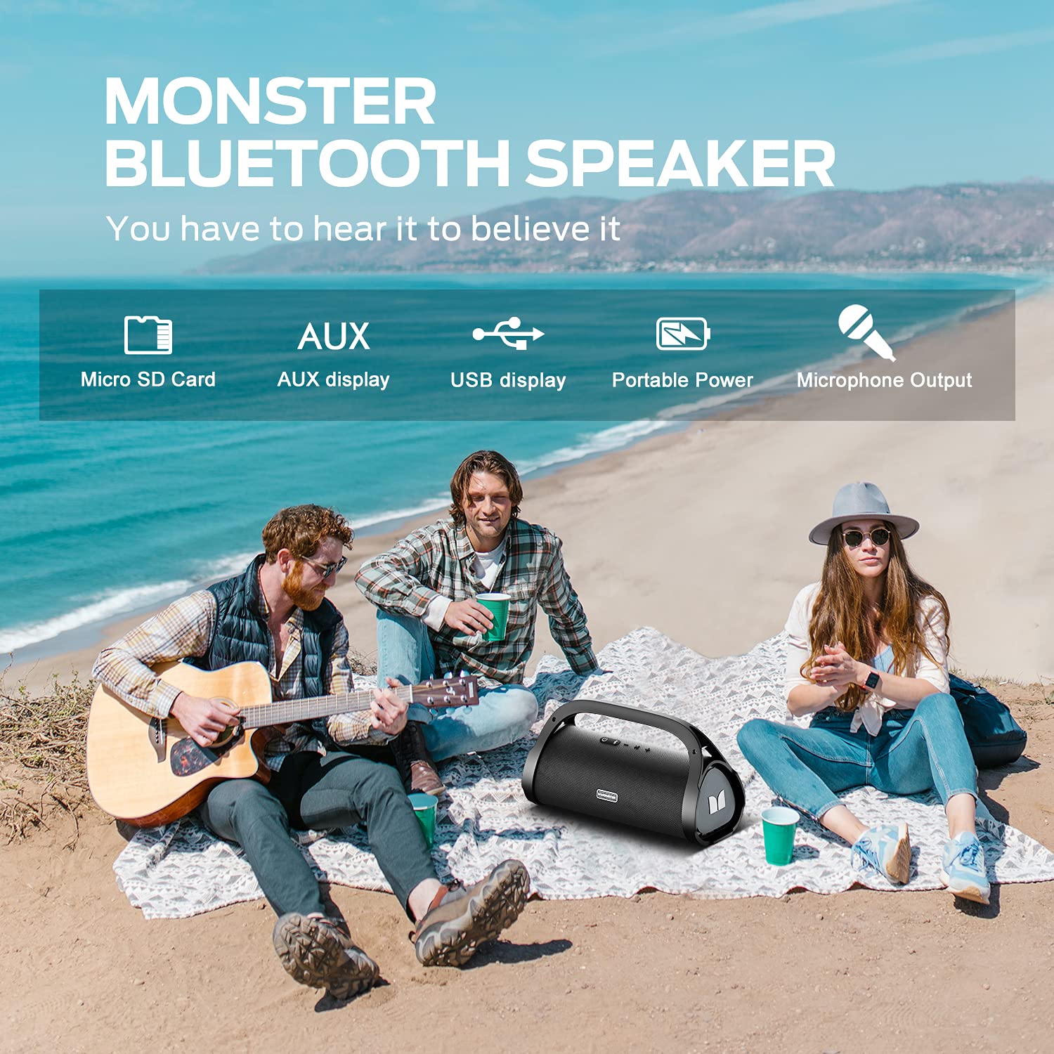 Monster Adventurer Max Bluetooth Speaker, Ipx7 Waterproof Portable Speaker With Double Subwoofer, 100W Stereo Sound And Rich Bas