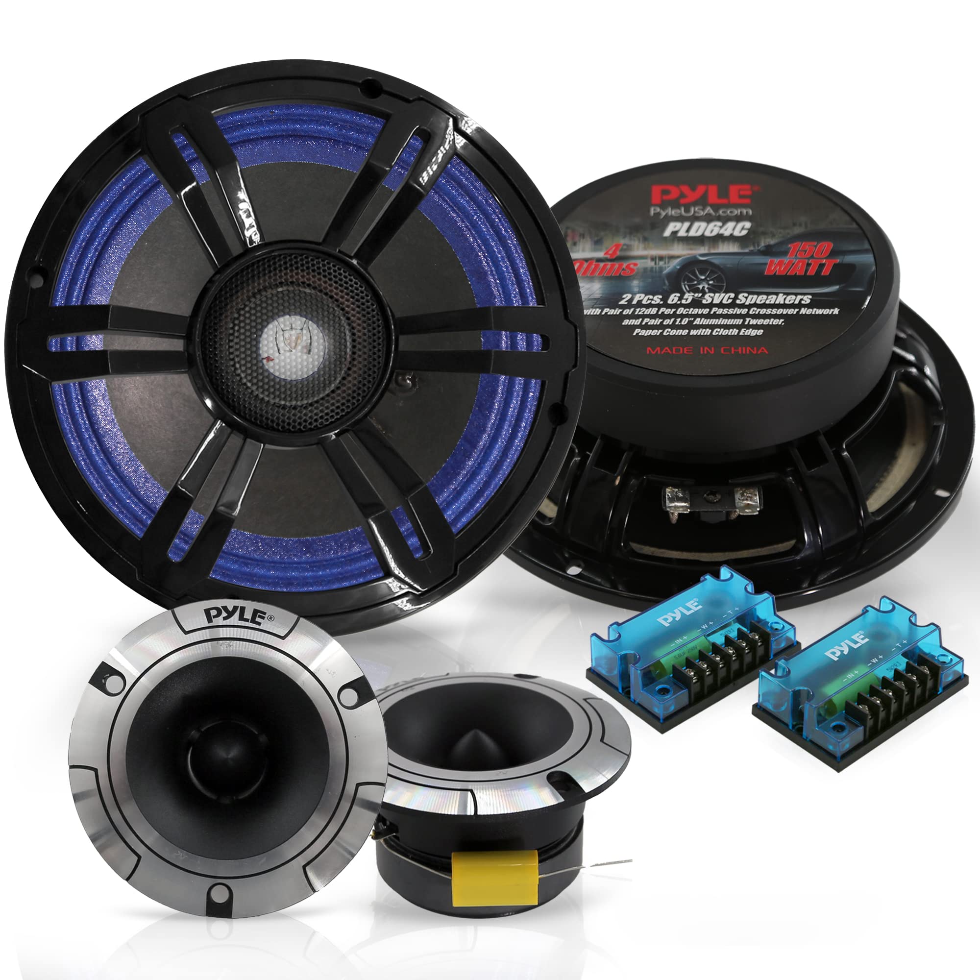 Pyle Car Audio Speakers Component Kit - 2 Pcs 6.5 SVC Speakers with Pair of 12dB Per Octave Passive Crossover Network and Pair o